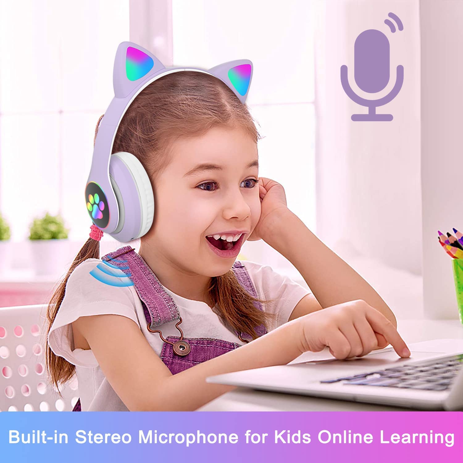 Kids Bluetooth Noise Cancelling Headphones with LED Light-Up Cat Ears, Foldable Wireless Headset with Microphone & TF Card Support - Perfect for iPad, Travel, School & Gaming