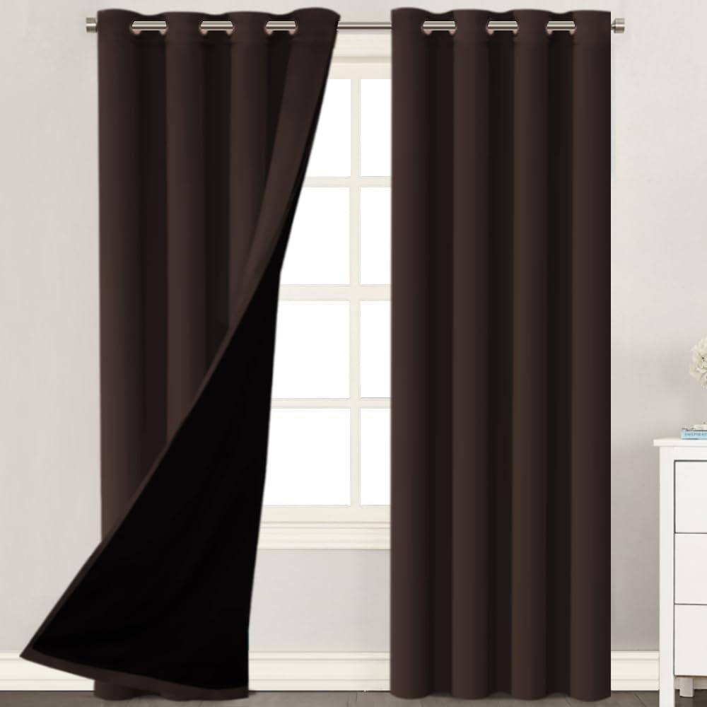 H.VERSAILTEX 100% Blackout Curtains 108 Inches Long - Thermal Insulated Light Blocking Window Drapes with Black Liner (2 Panels, Brown) | Soft Thick Silky Grommet Top for Bedroom & Living Room | Noise Reducing & Energy Saving Home Decor