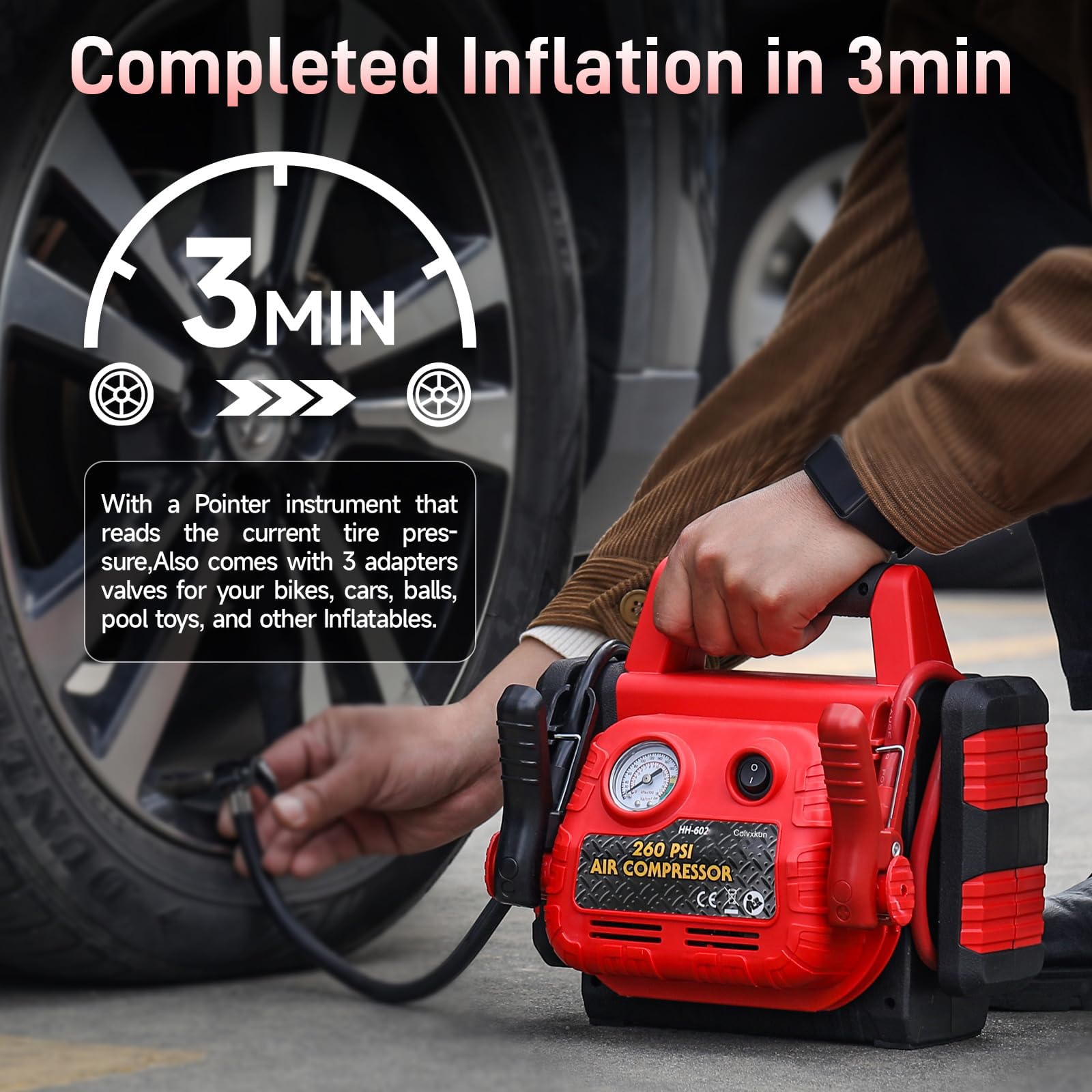 1000Amp Portable Car Battery Jump Starter with 260PSI Air Compressor - 12V Jump Box for Gas/Diesel Engines (Up to 5L) - Tire Inflator with USB/DC Ports - Emergency Roadside Assistance for Cars, Trucks, SUVs & RVs