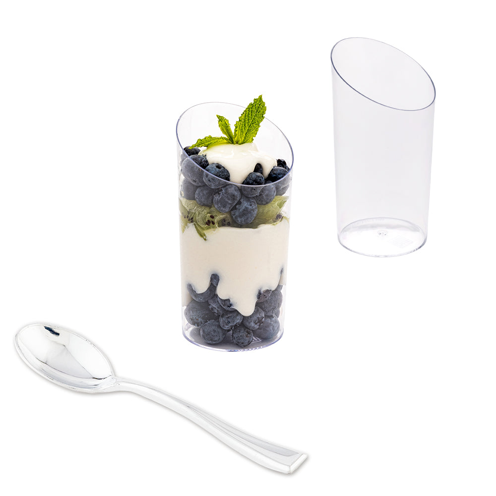 100 Pack 5 oz Clear Plastic Round Inclined Tubes with 100 Silver Mini Plastic Spoons - Perfect for DIY Crafts, Party Favors, and Sample Packaging