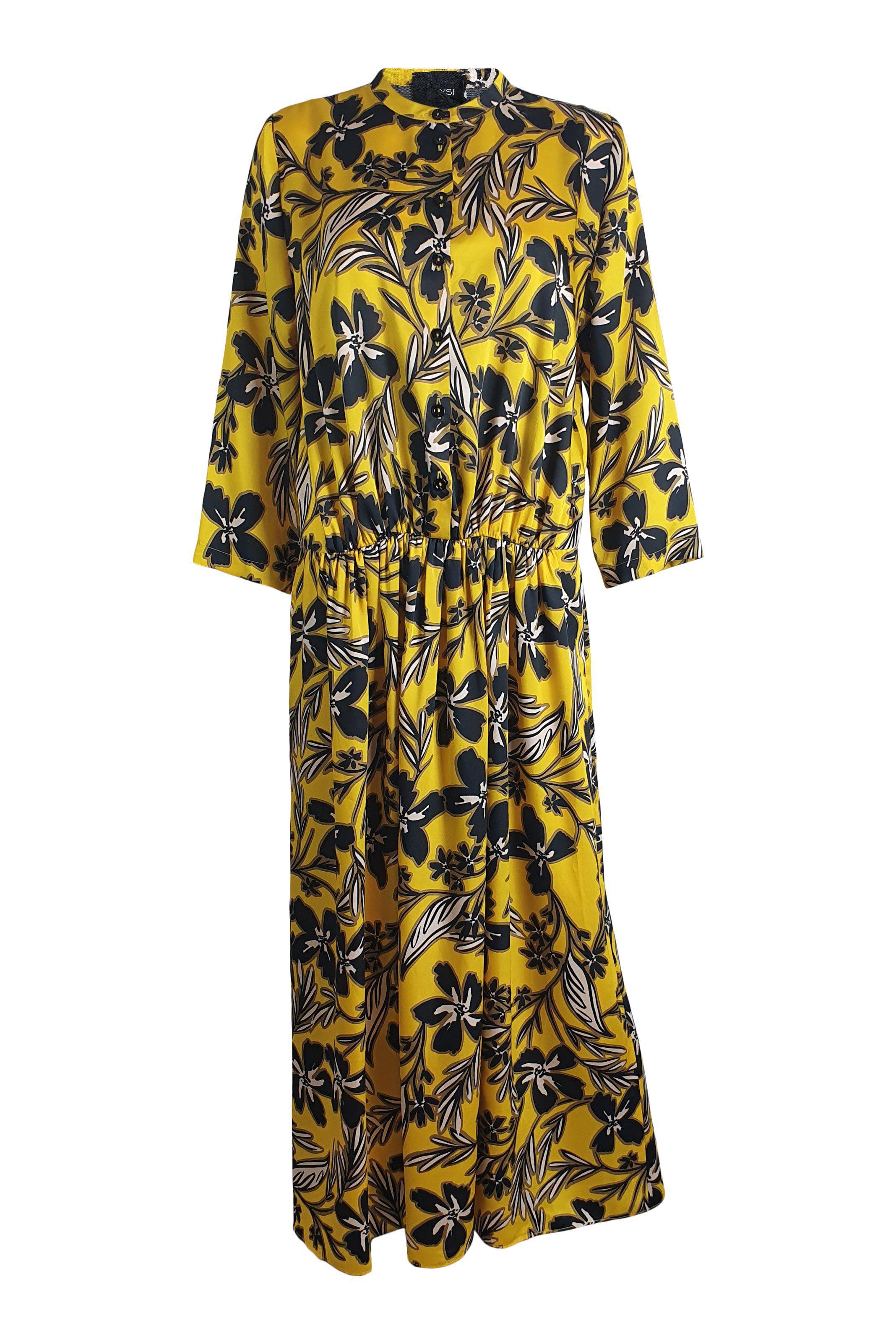 ALYSI CHOCOLAT Sunshine Yellow Floral Print 3/4 Sleeve Midi Dress - Women's Plus Size IT 44 - Perfect for Spring Weddings, Garden Parties & Brunch Dates