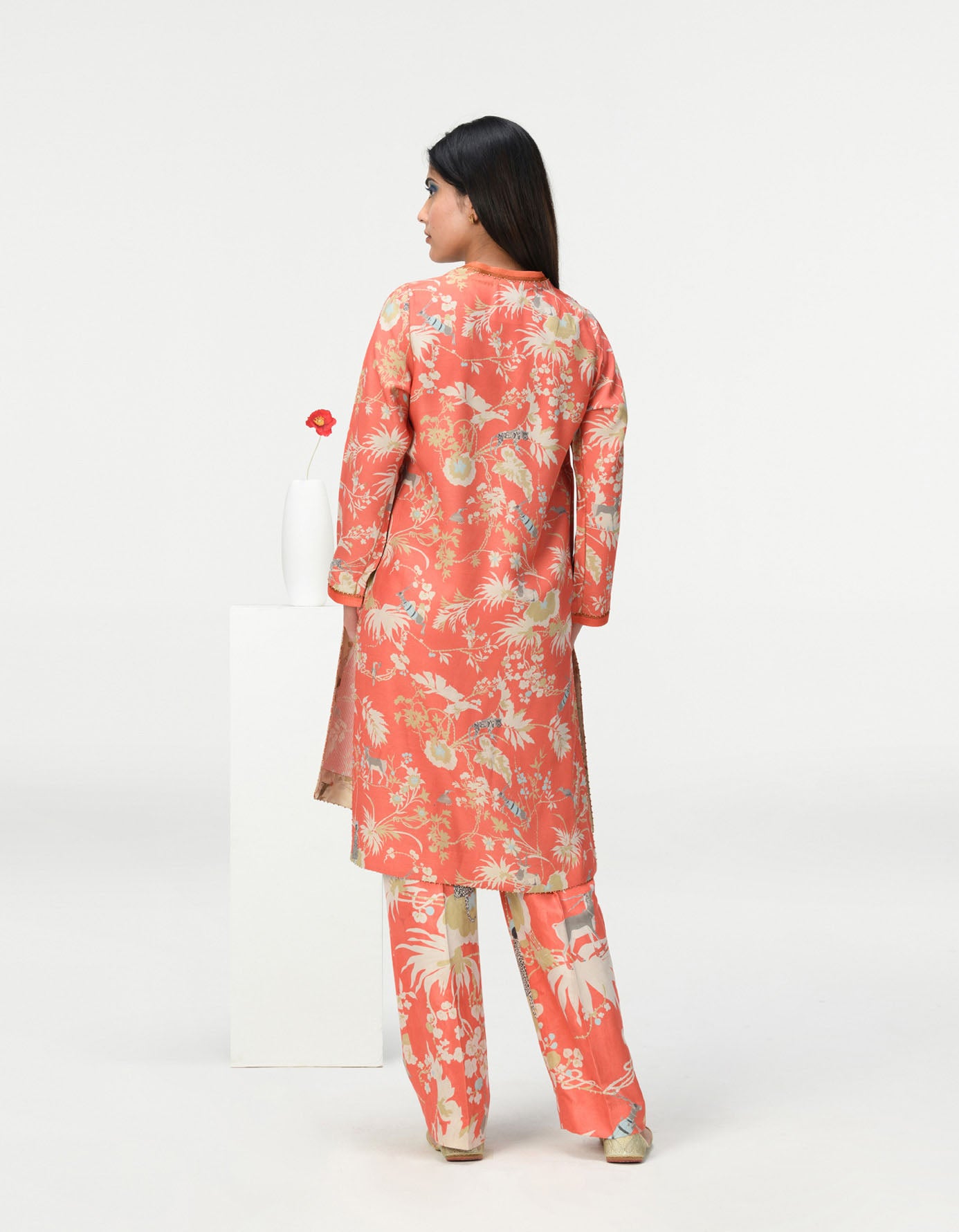 Roshan V Neck Kurta for Women - Muga Satin Coral Ethnic Tunic Top - Perfect for Festivals, Weddings & Cultural Events