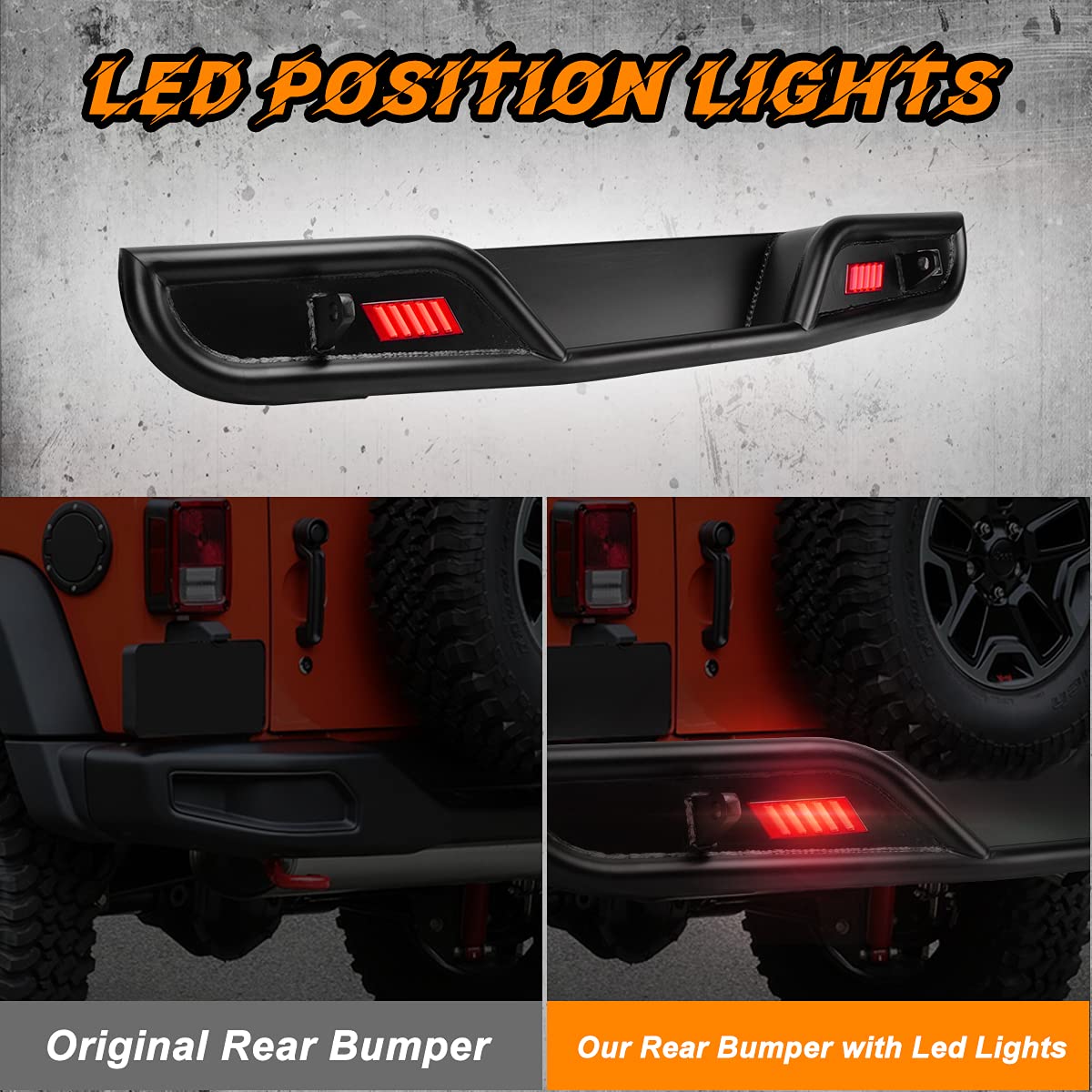 ROXX Full Width Rear Bumper for 2008-2017 Jeep Wrangler JK/JKU Unlimited - Heavy Duty Off-Road Bumper with 2 LED Position Lights & Hitch Receiver - Textured Black Rock Crawler Bumper - Perfect for Trail Riding, Overlanding & Off-Road Adventures