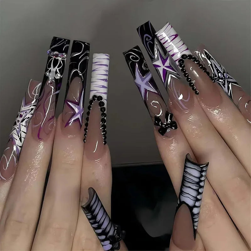 24Pcs French Tip Press on Nails - Long Glitter Rhinestone False Nails with 3D Bow Tie Designs | Wearable Y2K Fake Nails Kit Includes Jelly Glue | Perfect for Parties, Weddings, and Special Occasions