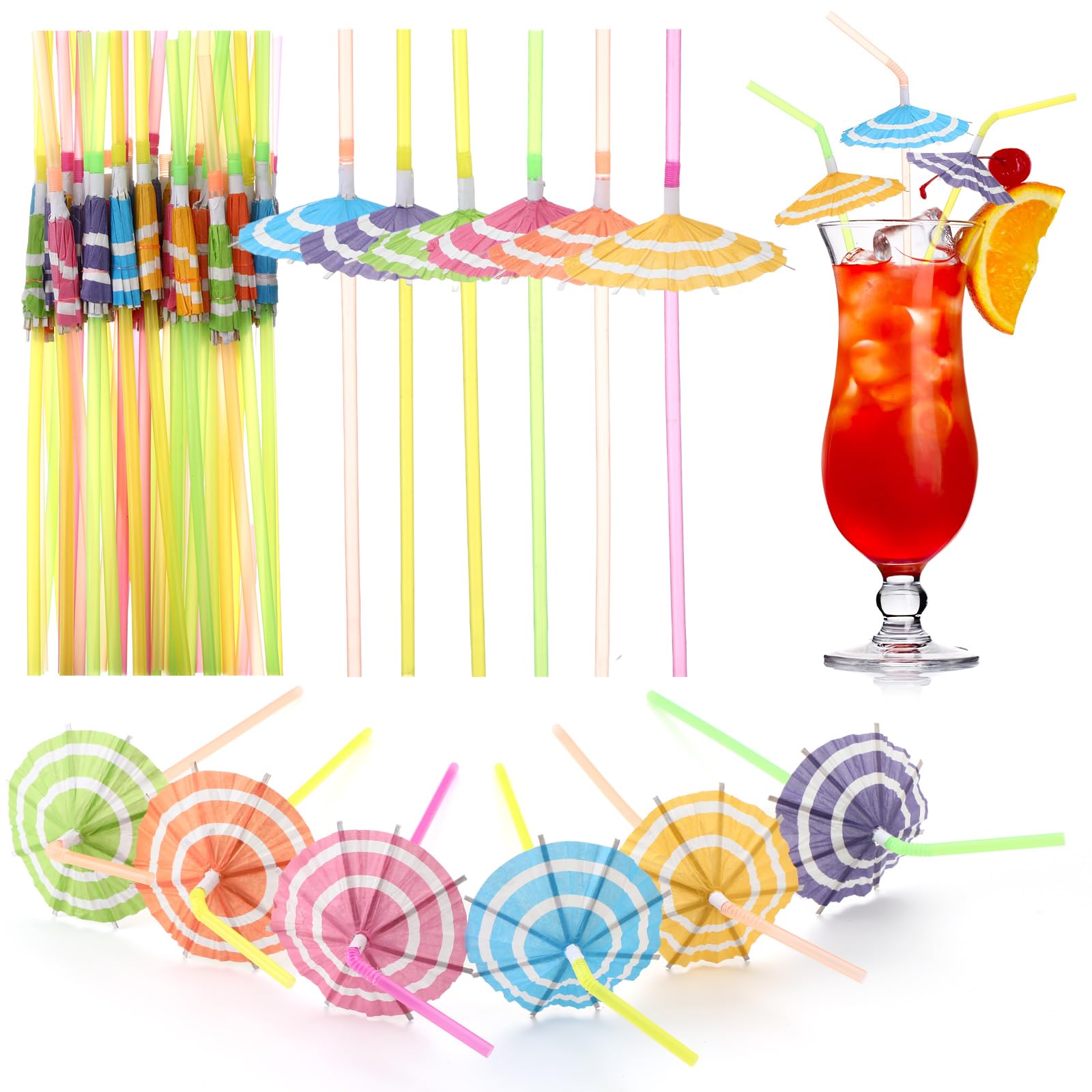 300 Pcs Colorful Bendable Cocktail Straws with Umbrella Toppers - Disposable Luau & Hawaiian Party Decorations for Beach, Pool, Tiki Bar, Summer Drinks, Tropical Themed Events