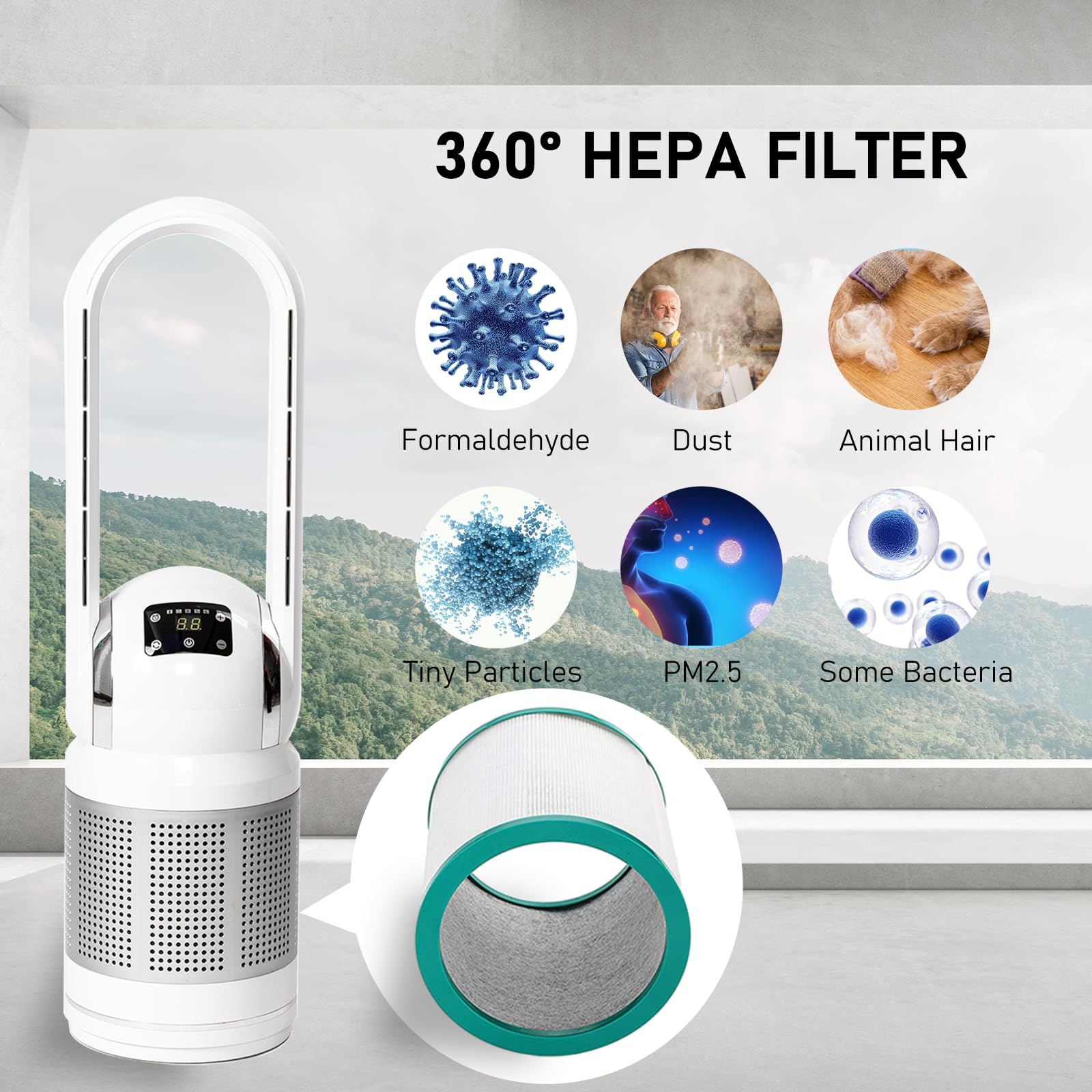 HEATIT Bladeless Tower Fan with Remote Control, Air Purifier, HEPA Filter & PM2.5 Removal - 80° Oscillation, 8 Speed Settings, 8H Timer - Perfect for Home, Bedroom, Kitchen & Office (White) | Stay Cool & Breathe Clean Air Year-Round