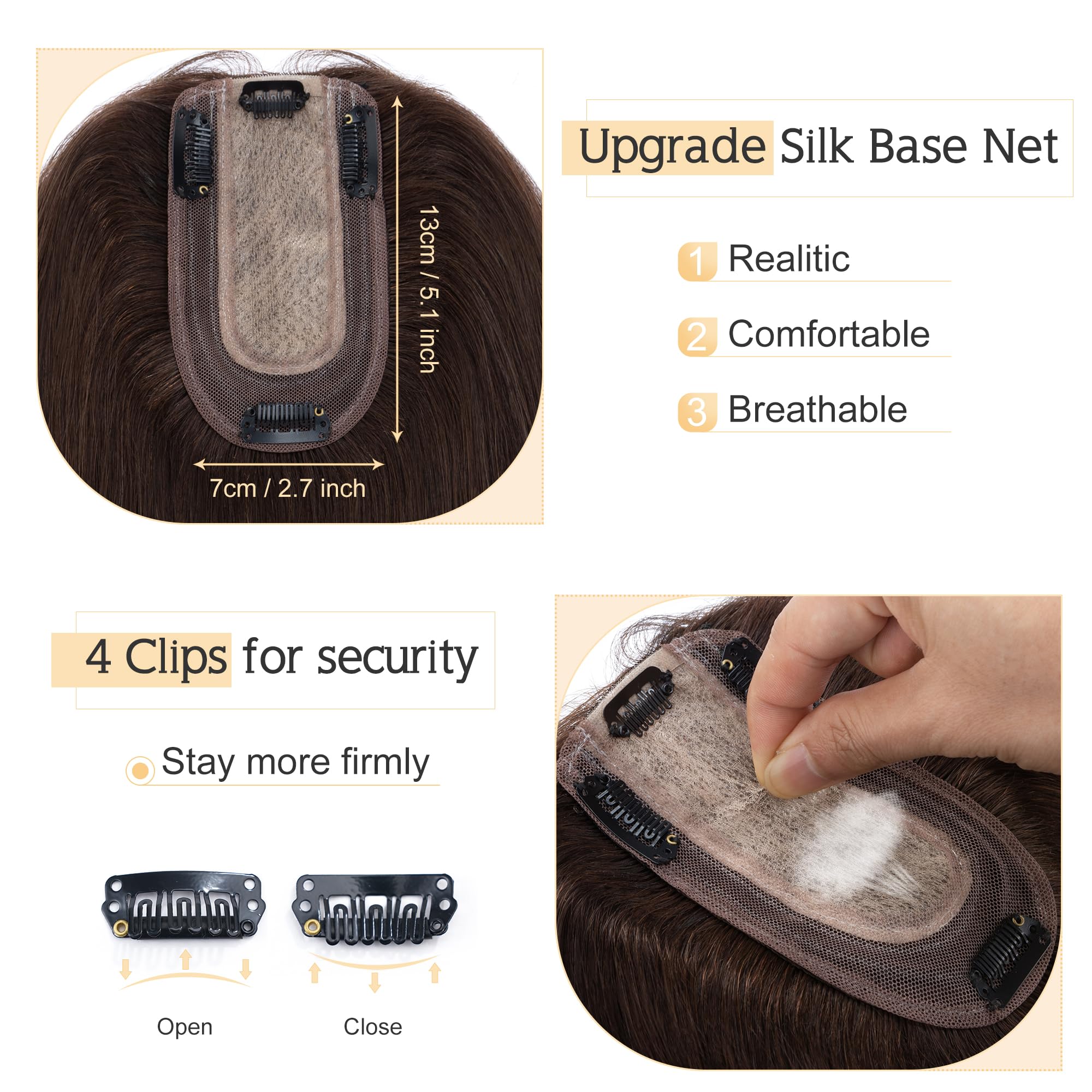 SEGO 100% Real Human Hair Toppers for Women - 7x13cm Silk Base Clip-in Top Wiglet for Thinning Hair (14 Inch, Dark Brown, No Bangs) | Perfect for Daily Wear, Special Occasions & Hair Volume Enhancement