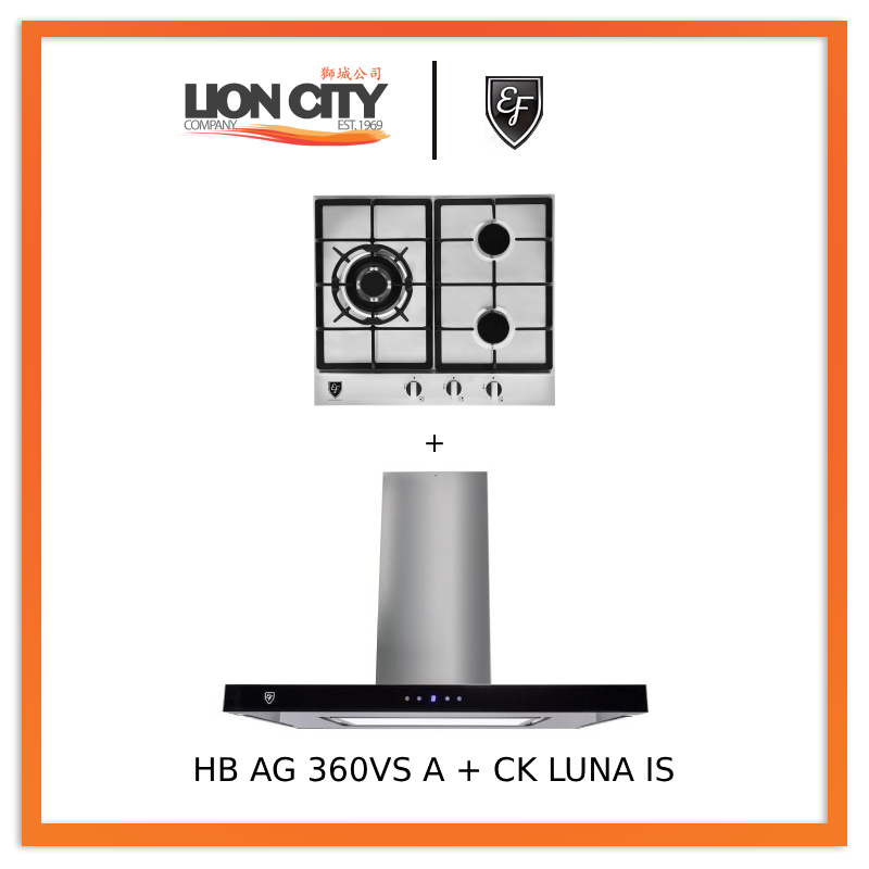 EF CK LUNA 90cm Island Range Hood + EF HB AG 360VS A 58cm Built-in Cooktop - Modern Kitchen Ventilation System for Home Cooking, Grilling & Baking