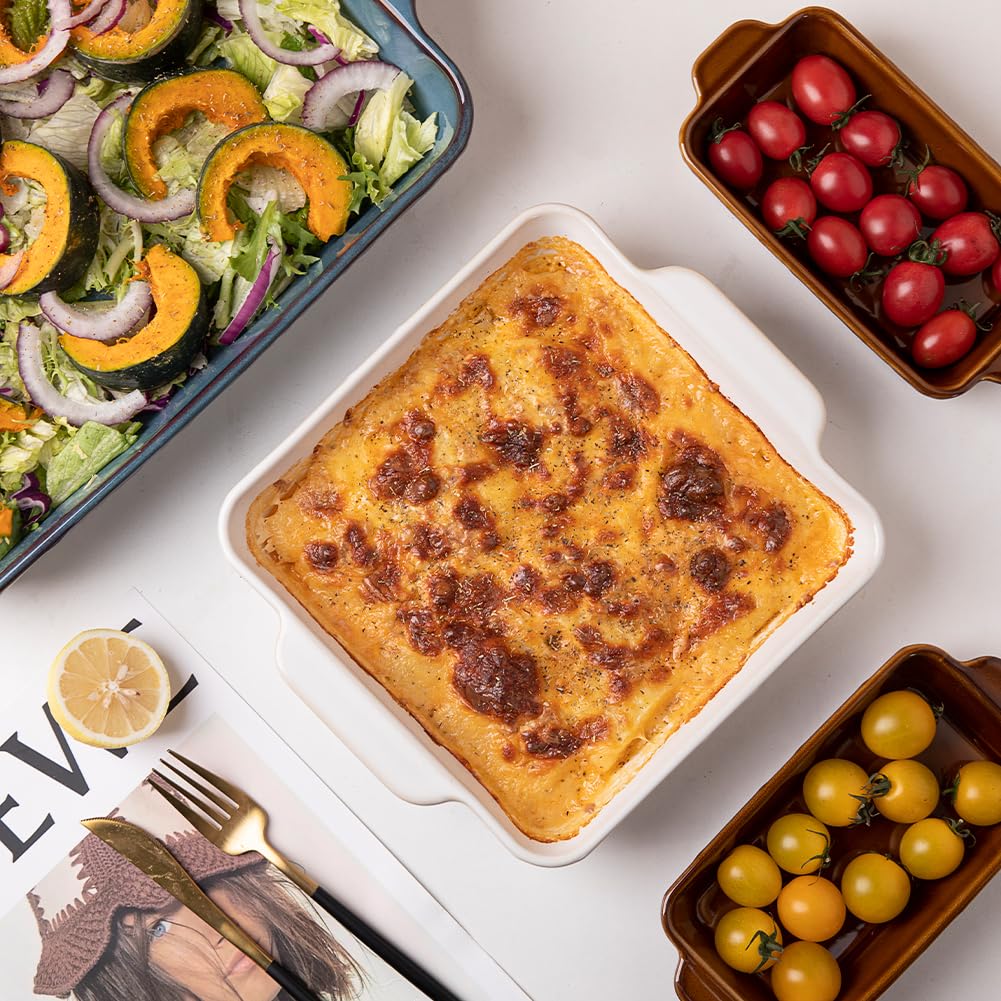 Sweejar 4-Piece Ceramic Casserole Dish Set - Oven Safe Rectangular Baking Pans with Handles for Lasagna, Gratin, Roasting, Baking & Serving - Perfect for Family Dinners, Holiday Meals & Everyday Cooking (Kiln-Change Blue)