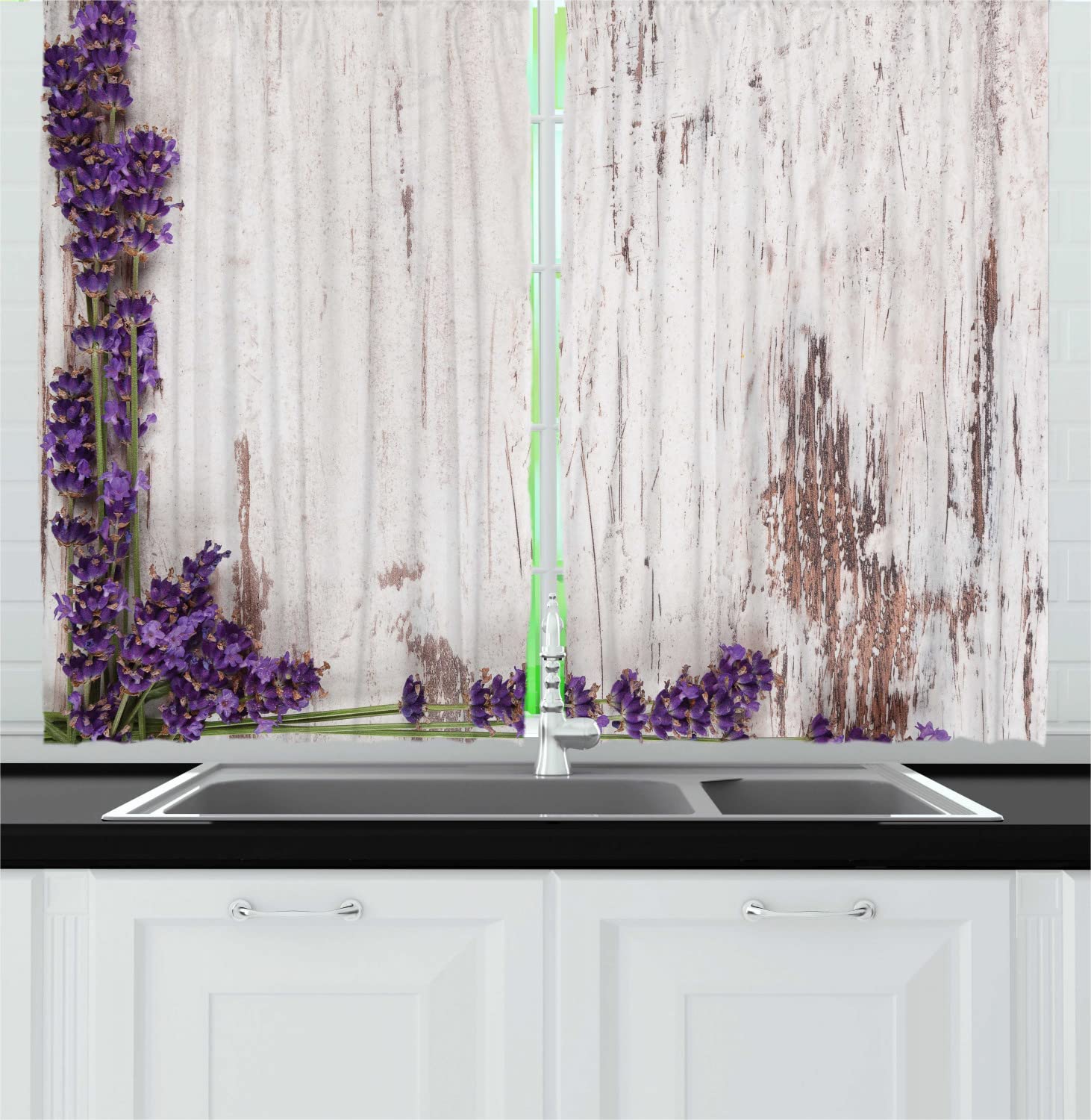 Ambesonne Rustic Kitchen Curtains Set of 2 Panels - Vintage Floral Summer Weathered Print Window Drapes for Farmhouse Decor, 55 x 45 Inches, Purple & Eggshell - Perfect for Kitchen, Cafe, and Country Style Home Decor