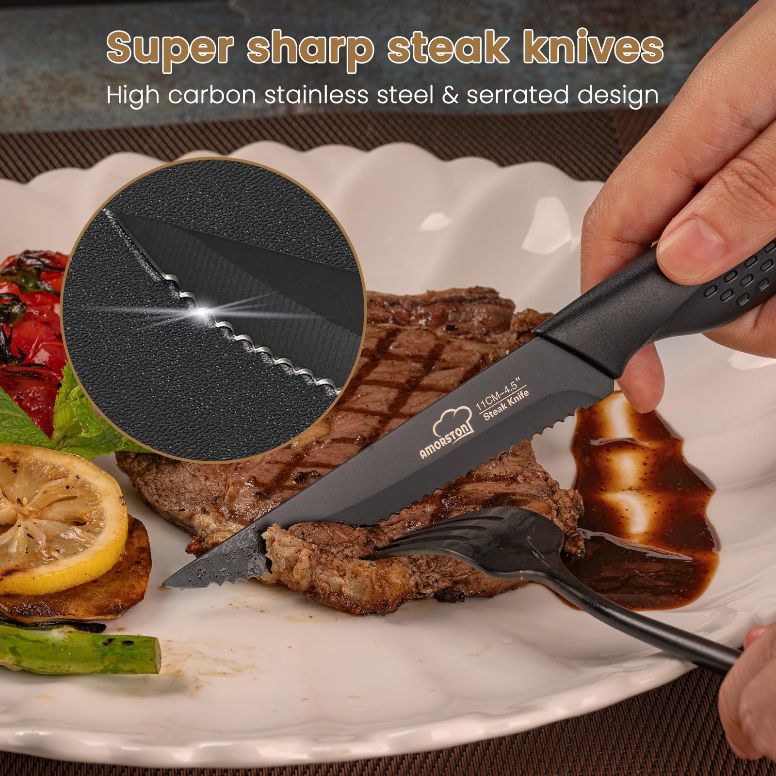 Premium 8-Piece Stainless Steel Steak Knife Set - Serrated Blades, Dishwasher Safe, Elegant Black Handle - Perfect for Steak Dinners, BBQs & Fine Dining at Home