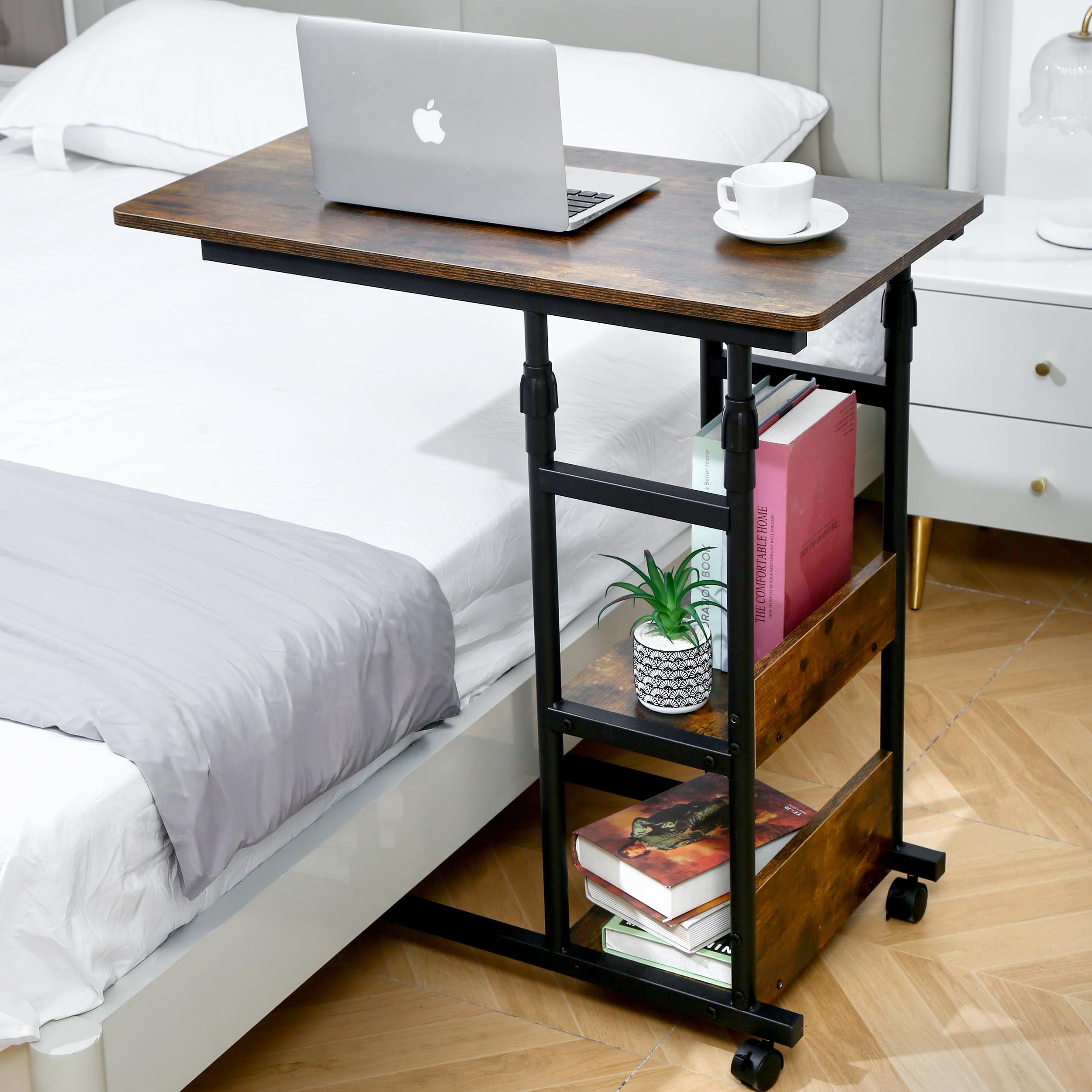 Adjustable Height Rolling Bedside Table with Wheels - Mobile C Desk for Over Bed, Under Couch - Perfect for Laptop, Dinner & Snacks - 37 x 32 x 16 Inch - Ideal for Bedroom, Living Room & Small Spaces