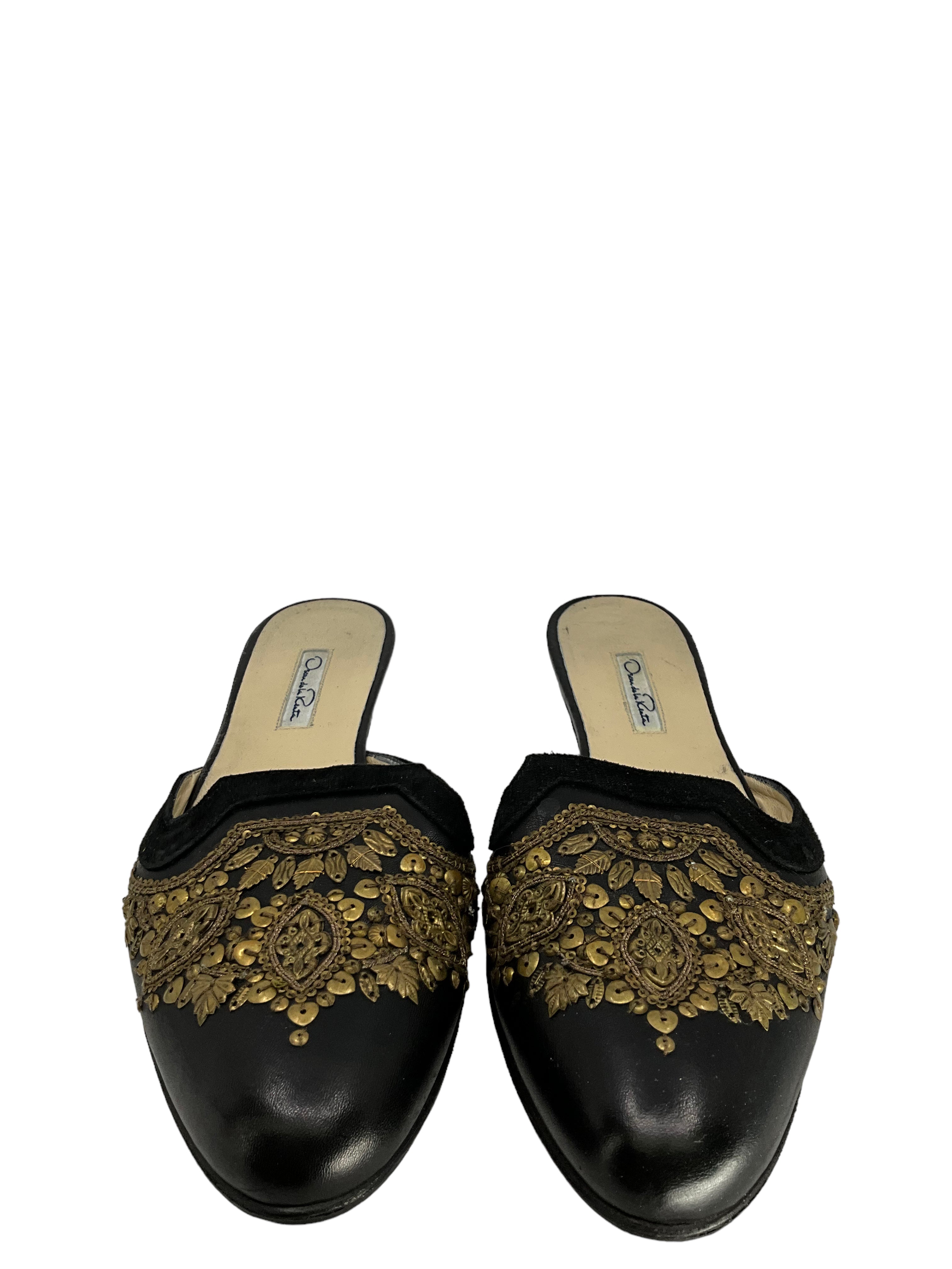 Oscar De La Renta Leather Embroidered Spanish Mules Women's Size 10.5 - Elegant Slip-On Shoes for Weddings, Parties & Special Occasions