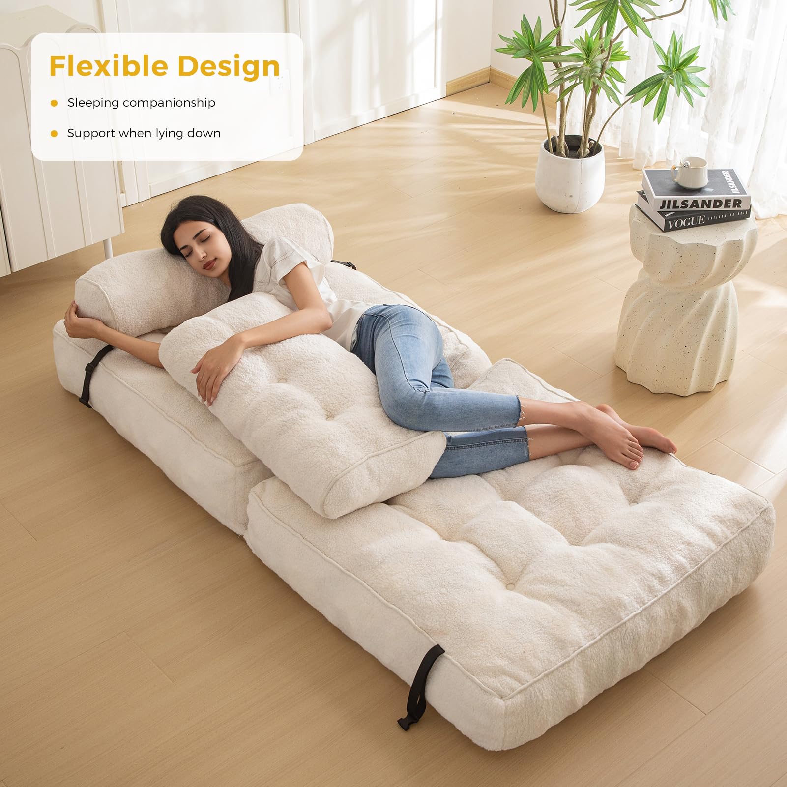 MAXYOYO Fuzzy Sofa Bed - Convertible Sleeper Chair with Pillow in Beige | Comfortable Foldable Futon for Small Spaces, Guest Room & Apartment Living
