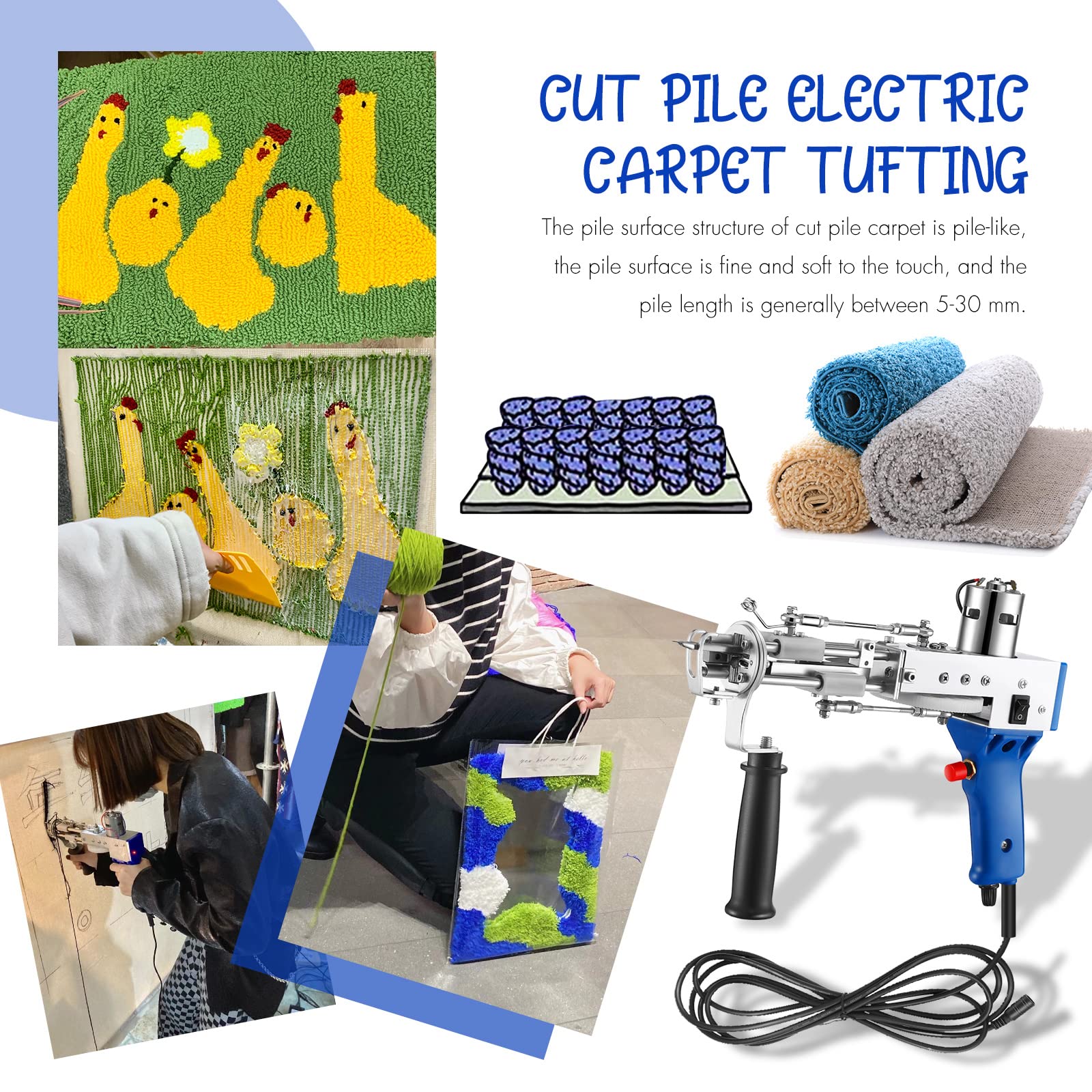 Electric Tufting Gun for Rugs & Carpets - 100V-240V Cut Pile Rug Tufting Tool with Loop Function, Handheld Punch Needle Embroidery Machine (Blue) - Perfect for DIY Home Decor, Craft Projects & Professional Carpet Weaving