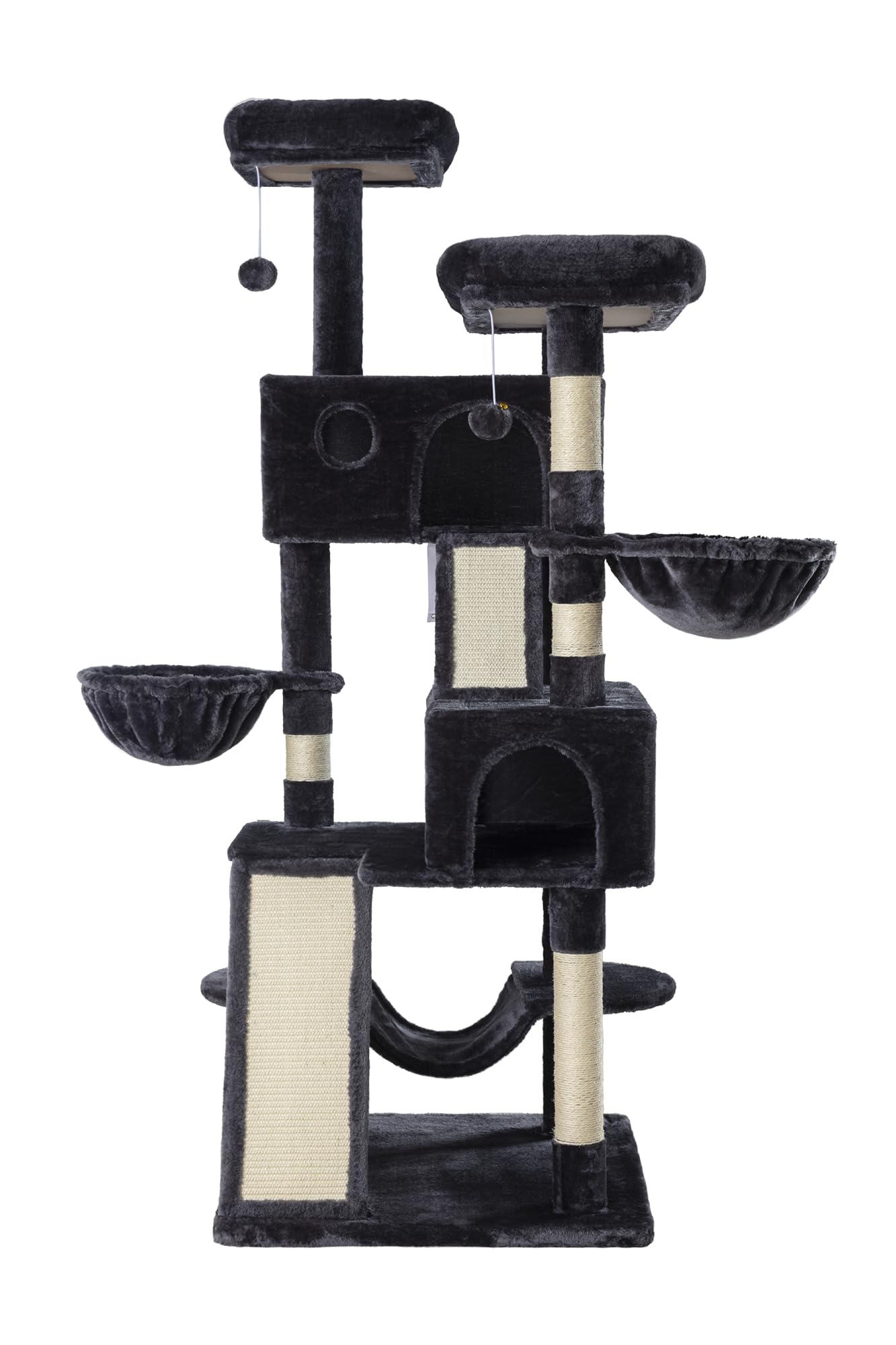66 Inches Multi-Level Large Cat Tree Tower for Indoor Big Cats - Cozy Plush Perches, Condo, Sisal Scratching Posts, Hammock & Baskets - Activity Center Play House with Wide Base (Dark Grey) - Perfect for Play, Rest & Scratching in Living Rooms & Pet Spaces