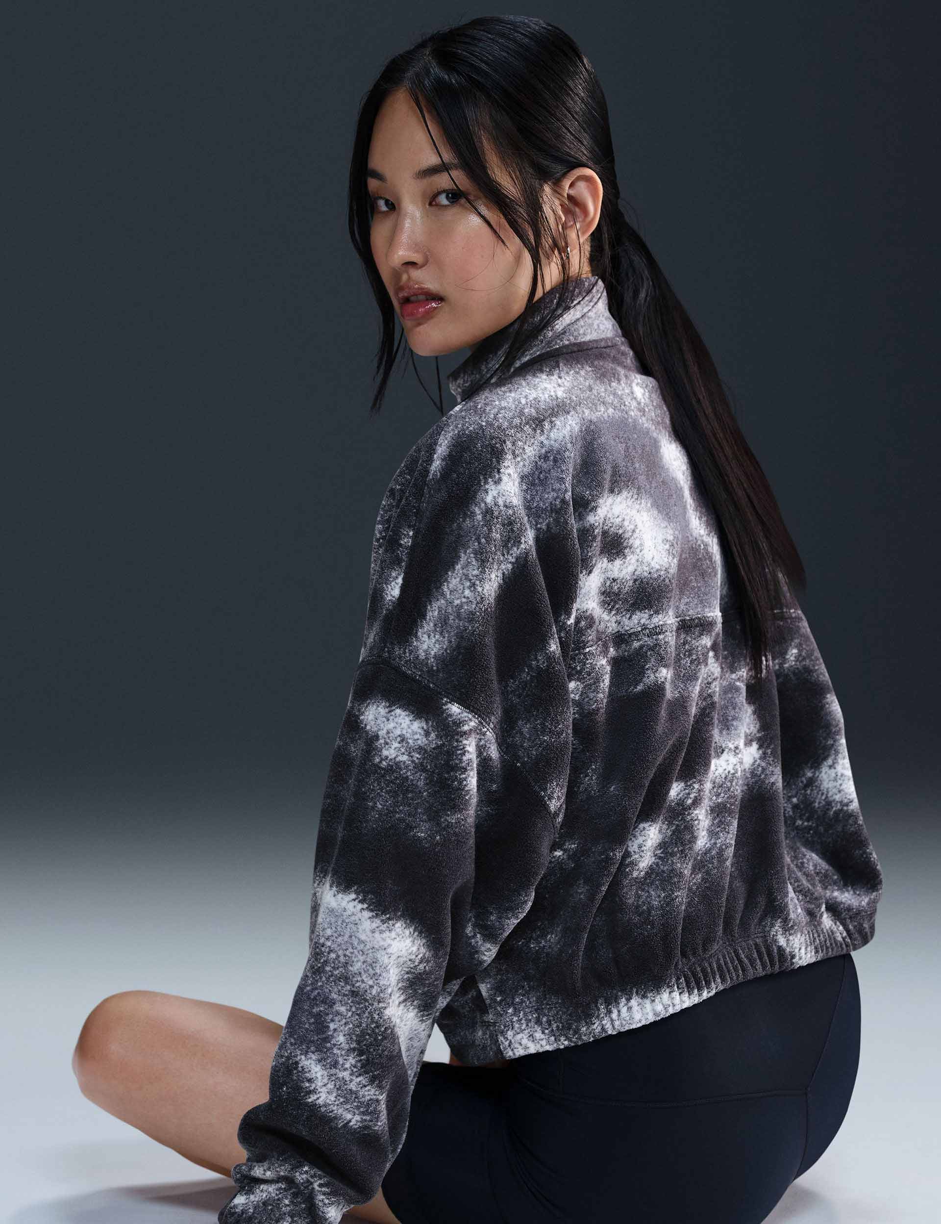 Oversized 1/2 Zip Fleece Printed Pullover Top for Women - Black | Cozy Winter Loungewear & Casual Outfit Essential