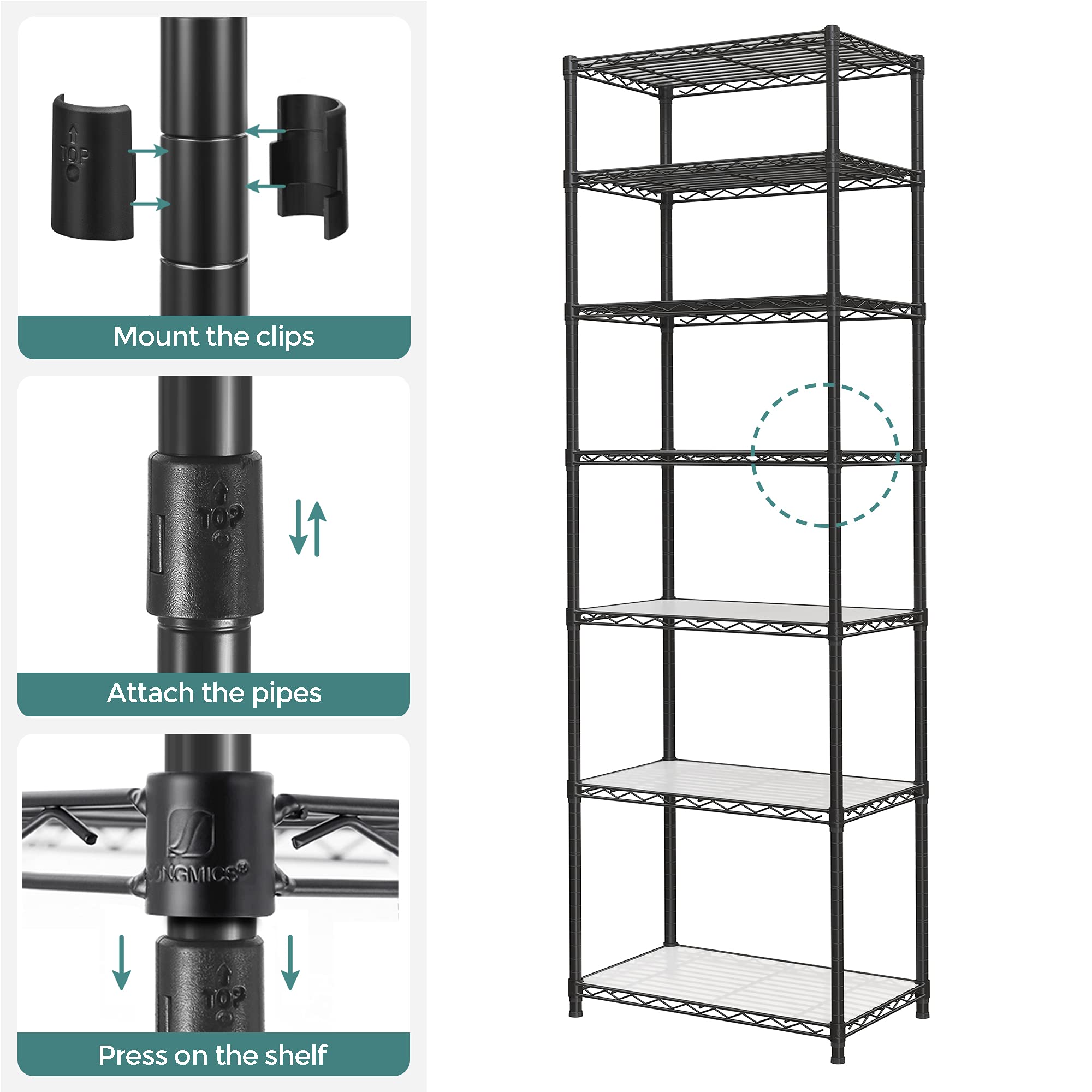 SONGMICS 7-Tier Heavy Duty Metal Storage Shelves, Adjustable Wire Shelving Unit for Kitchen, Garage, Pantry - 13.4