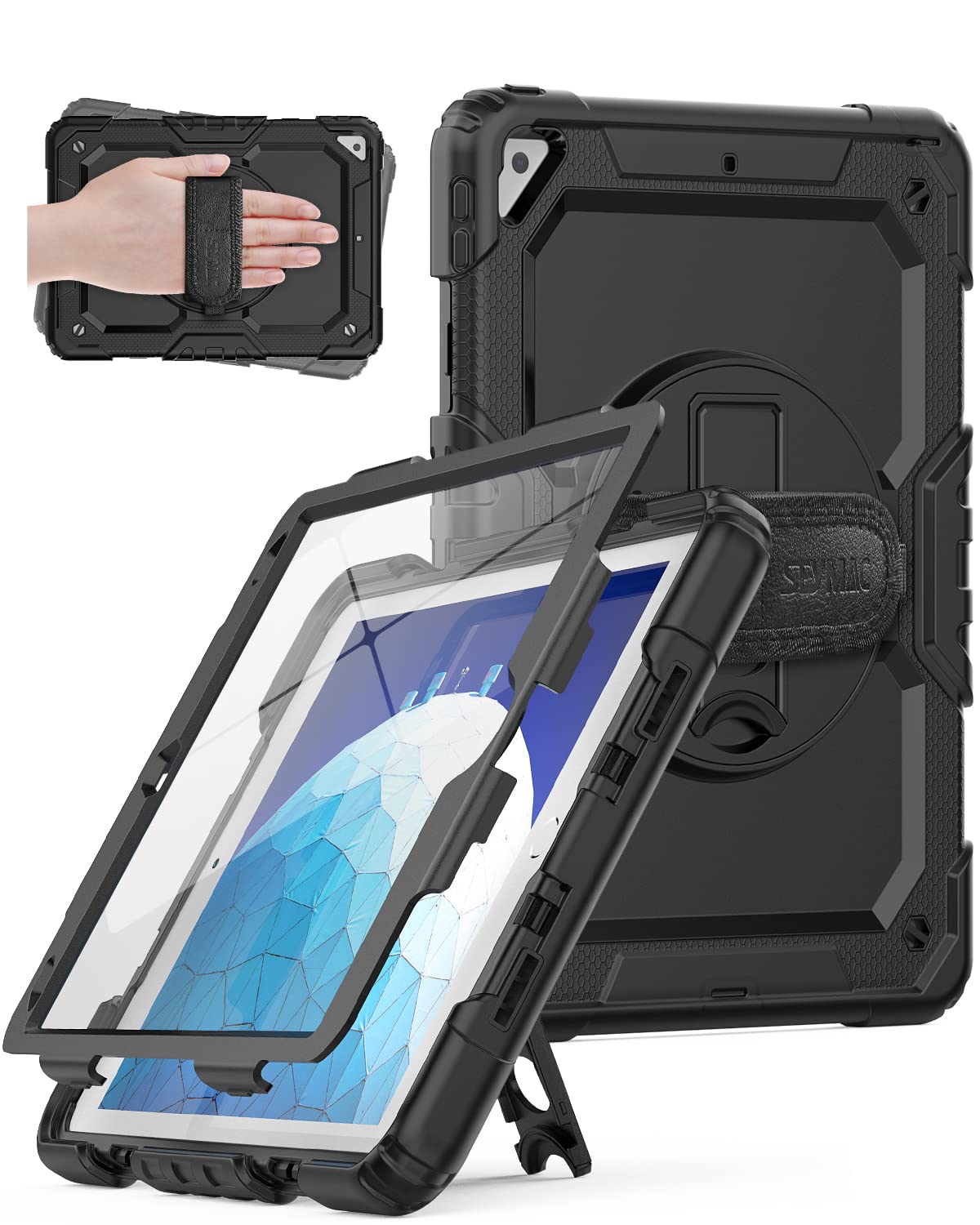SEYMAC iPad Air 3 Case 10.5 Inch & iPad Pro 10.5 Case - Heavy Duty Shockproof Protective Cover with Built-in Screen Protector, 360° Rotating Stand & Adjustable Hand/Shoulder Strap - Perfect for Travel, Work, and Home Use (Black)
