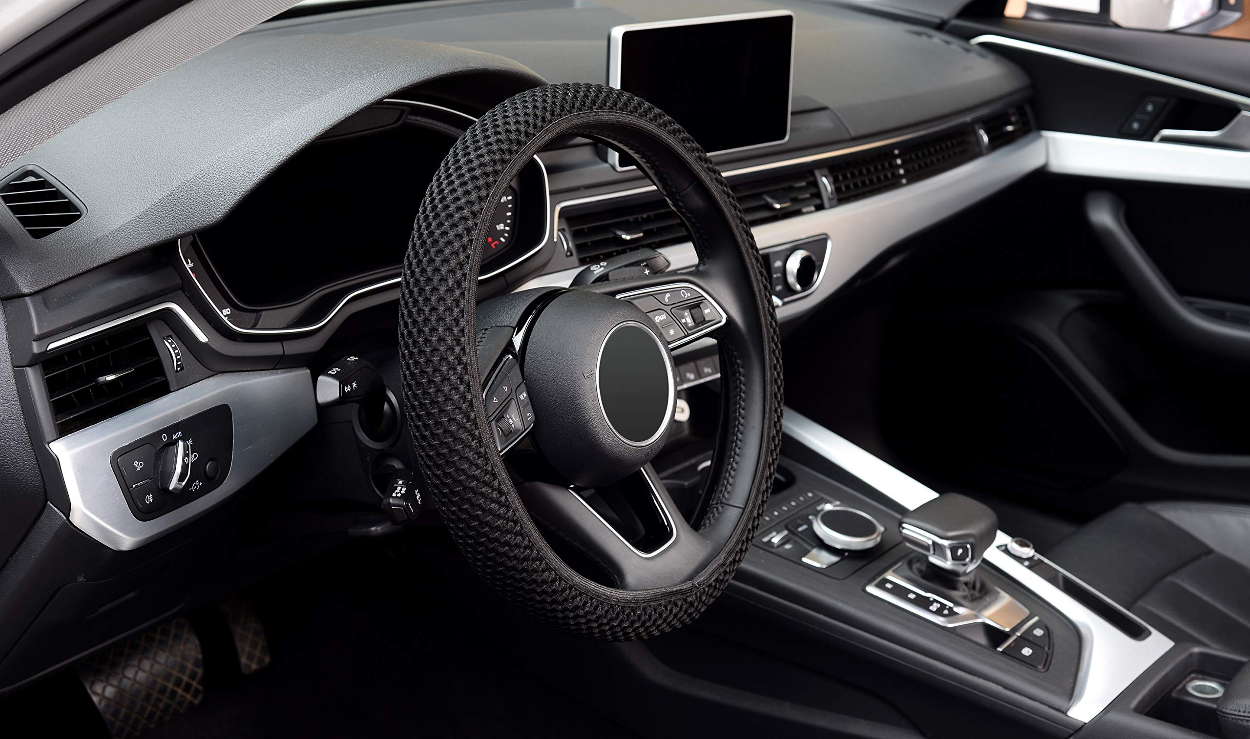 LABBYWAY Microfiber Steering Wheel Cover - Universal 15 Inch Elastic Stretch Car Steering Wheel Cover | Non-Slip Grip | Warm in Winter & Cool in Summer | Black | Perfect for Daily Commuting & Road Trips