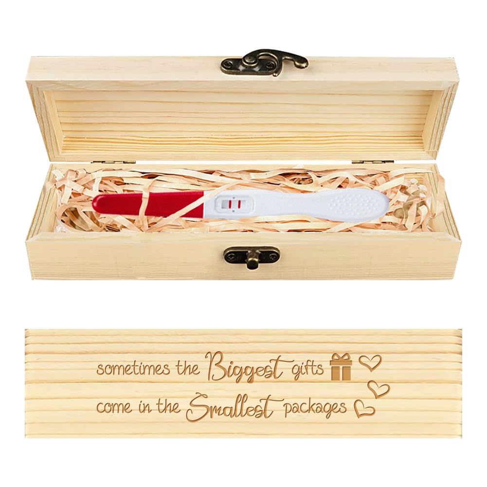 CHGCRAFT Wooden Pregnancy Announcement Gift Box - Laser Engraved Keepsake for Positive Pregnancy Test - Surprise Husband, Grandparents & Parents - 8x2x1.2 Inch with Raffia Ribbon - Perfect for Gender Reveal, Baby Shower & First-Time Parent Gifts