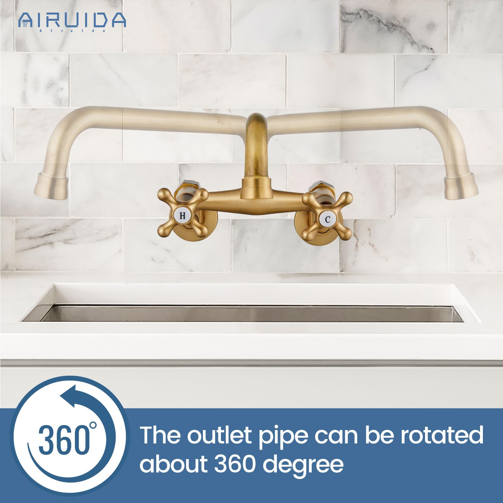 Antique Brass Wall Mount Kitchen Faucet - 360° Rotatable for Restaurants & Laundry Sinks