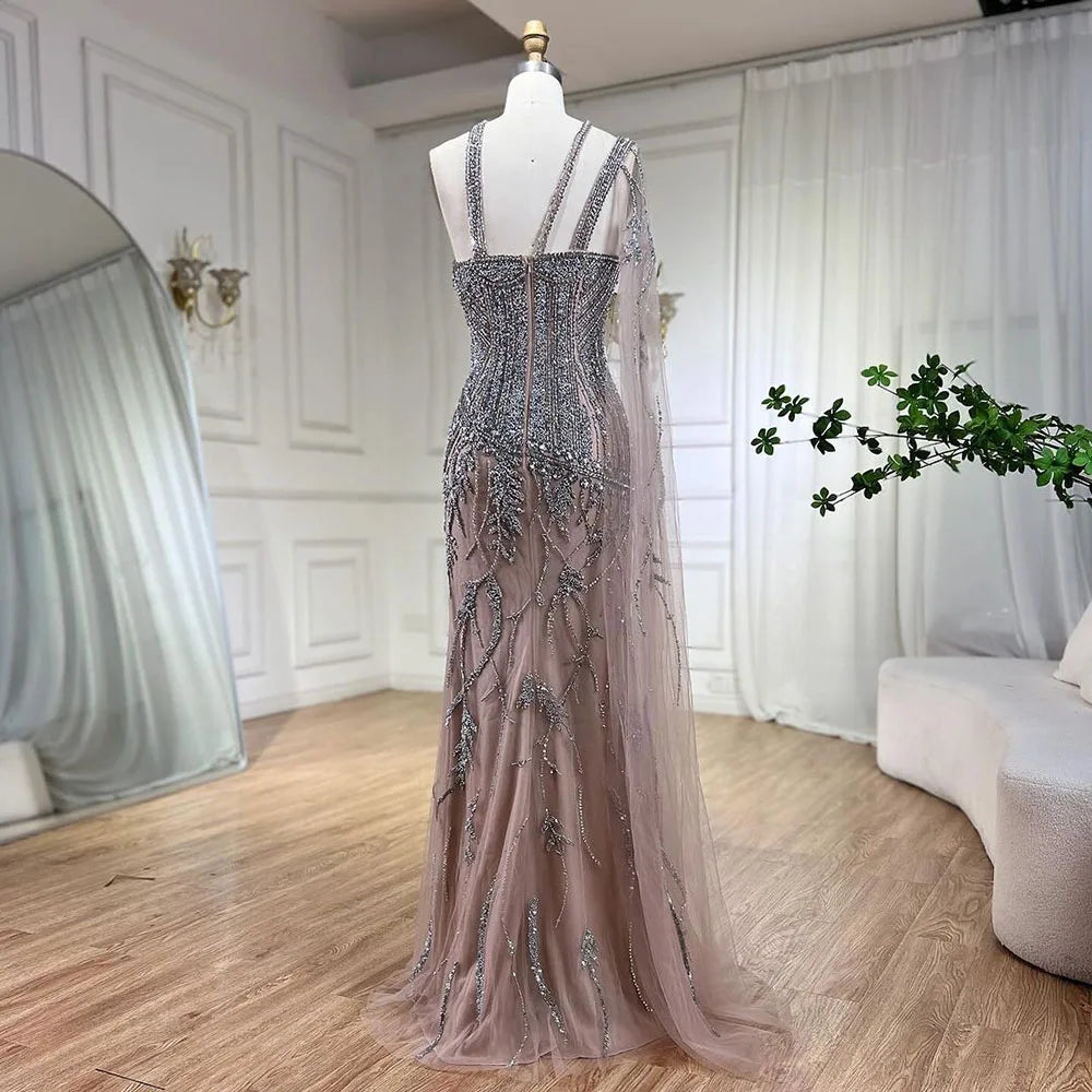 Elegant Gray Nude One Shoulder Cape Sleeves Mermaid Evening Gown with High Slit & Beading - Women's Formal Party Dress LA72368 | Perfect for Prom, Gala, Wedding & Special Occasions