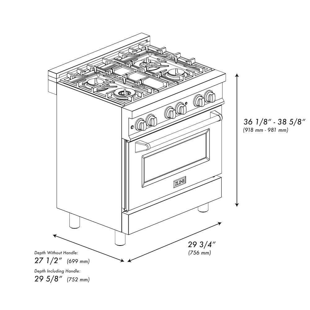 ZLINE 30-inch 4.0 cu. ft. Stainless Steel Dual Fuel Range with Gas Cooktop & Electric Convection Oven - 4 Brass Burners (RA BR 30) for Professional Home Cooking & Baking