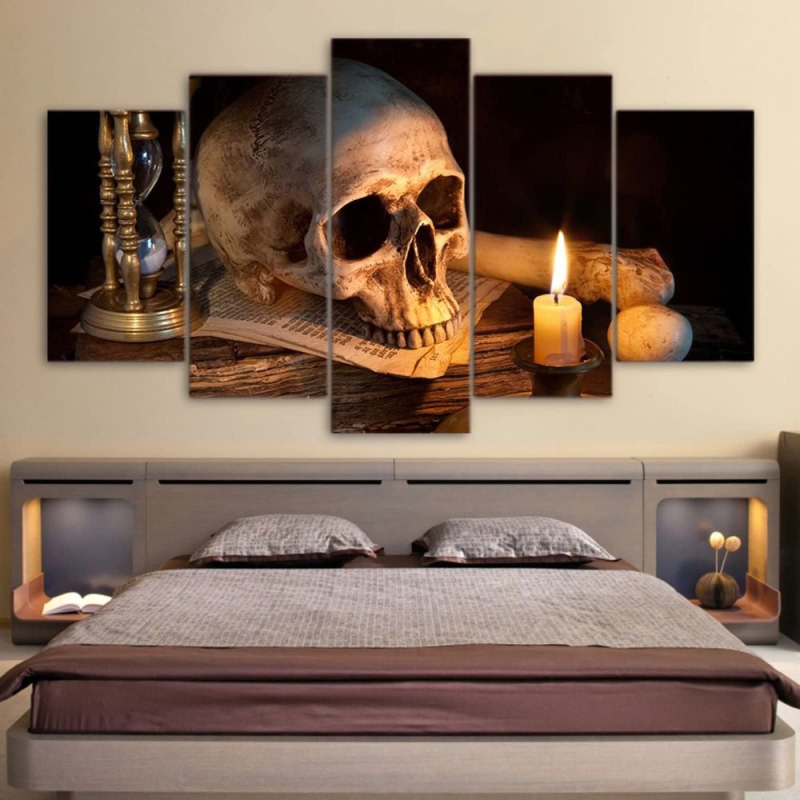 Scary Skull Burning Candle 5-Piece Canvas Wall Art Set - 60W x 32H Framed Gothic Home Decor for Living Room, Office & Halloween Party Decorations - Perfect Spooky Gift for Horror Fans & Modern Interior Design