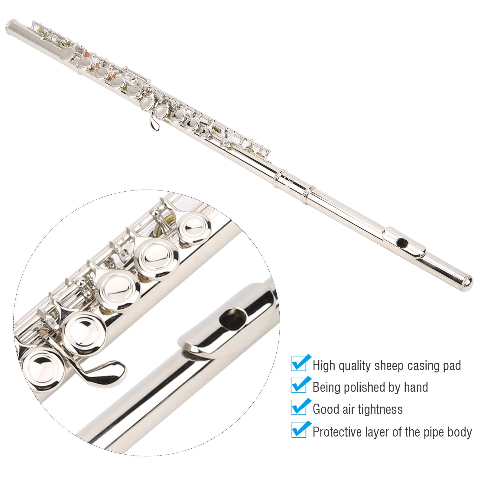 16 Hole C Key Flute - Closed Hole Brass Flute for Beginners with Storage Bag & Cleaning Stick (Silver) | Enhanced Tube Resonance for Clear Sound | Perfect for School Bands, Music Lessons & Home Practice