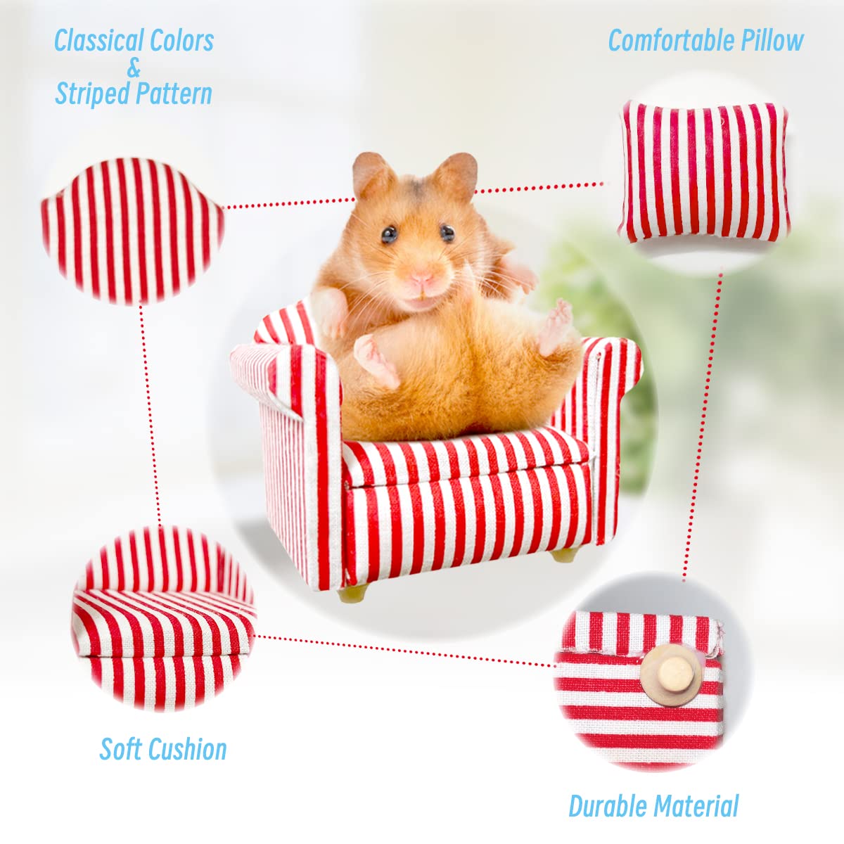 2pcs Mini Cotton Striped Hamster Sofa Bed - Soft Small Animal Chair & House for Guinea Pigs, Sugar Gliders, Hedgehogs, Lizards | Cozy Pet Furniture Accessories for Cages, Playpens & Home Decor