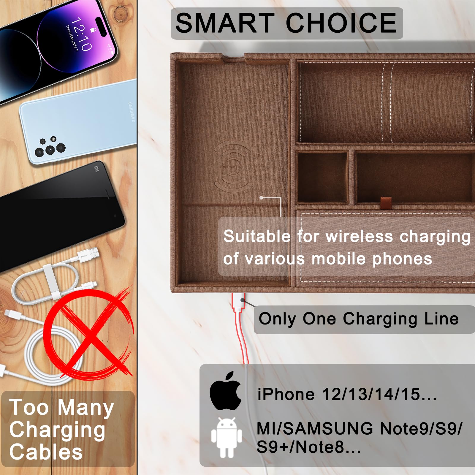 Premium SANZIE Leather Tray with Qi Wireless Charger - Large Nightstand Organizer for Phone, Wallet, Keys, Jewelry & Accessories (Brown) - Perfect for Bedroom, Office & Travel Organization