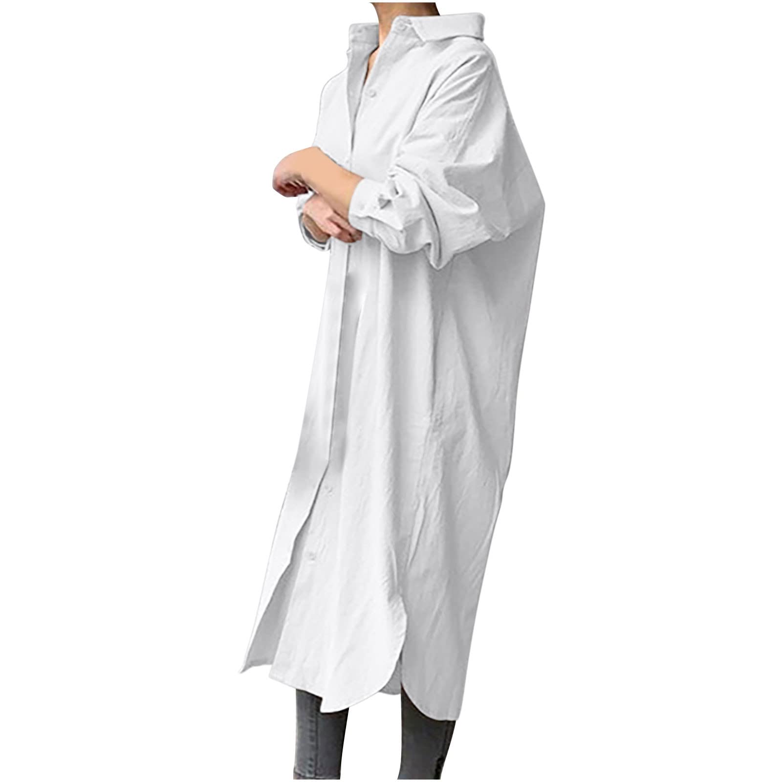Women's Cotton Linen Shirt Dress - Casual Plus Size Midi Dress with Long Sleeves & Side Slit | Loose Fit Mid-Calf Length for Work, Travel & Everyday Wear