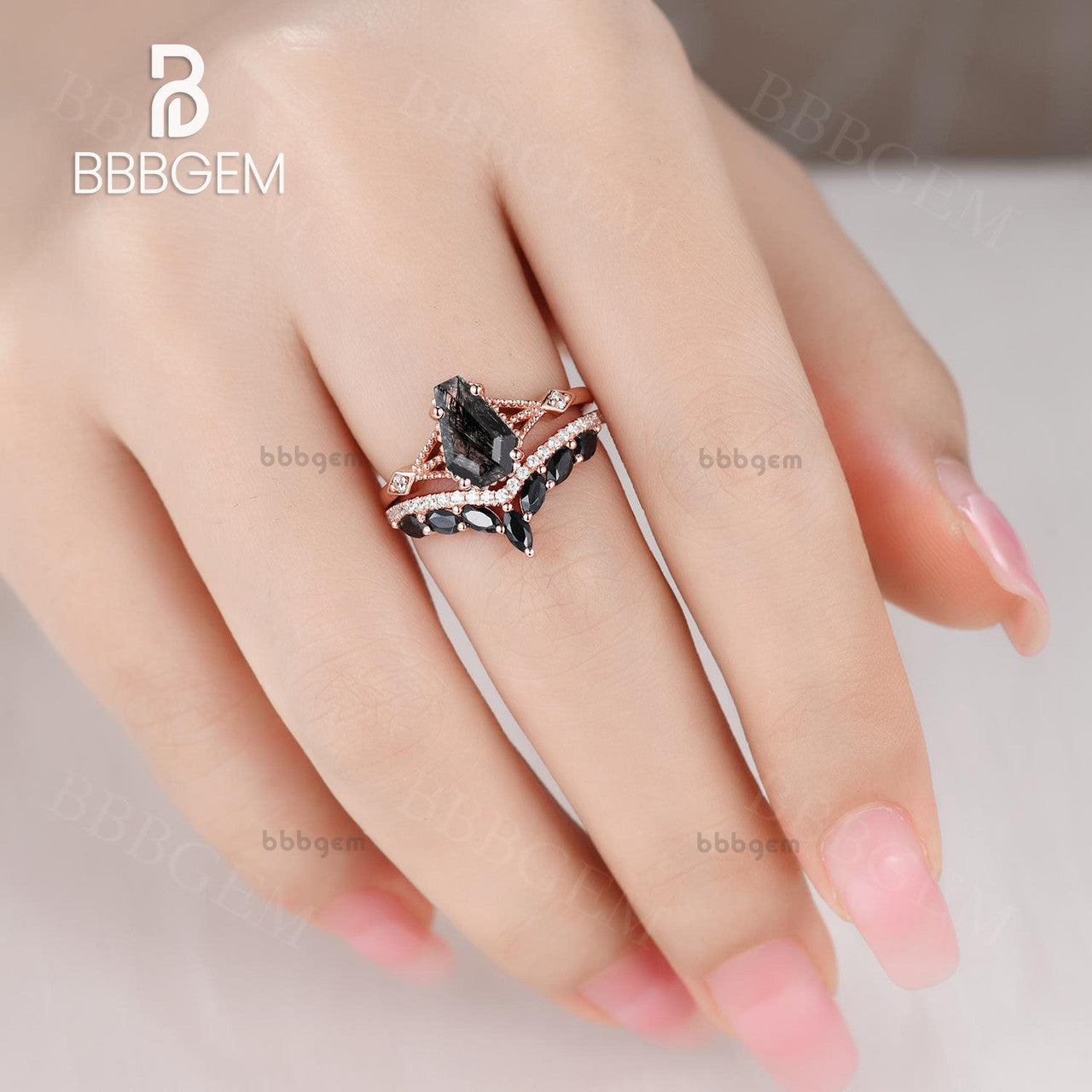Three Stone Coffin Shaped Promise Ring Set - Black Rutilated Quartz & Black Spinel Band in Rose Gold - Perfect for Engagement, Anniversary & Gothic Jewelry Lovers