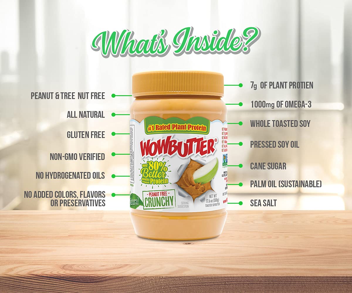 WOWBUTTER Crunchy Soy Butter Spread - Peanut Free, Tree Nut Free, Vegan, Gluten Free, Non-GMO - 1.1lb (Pack of 6) - Perfect for Sandwiches, Baking & Healthy Snacks