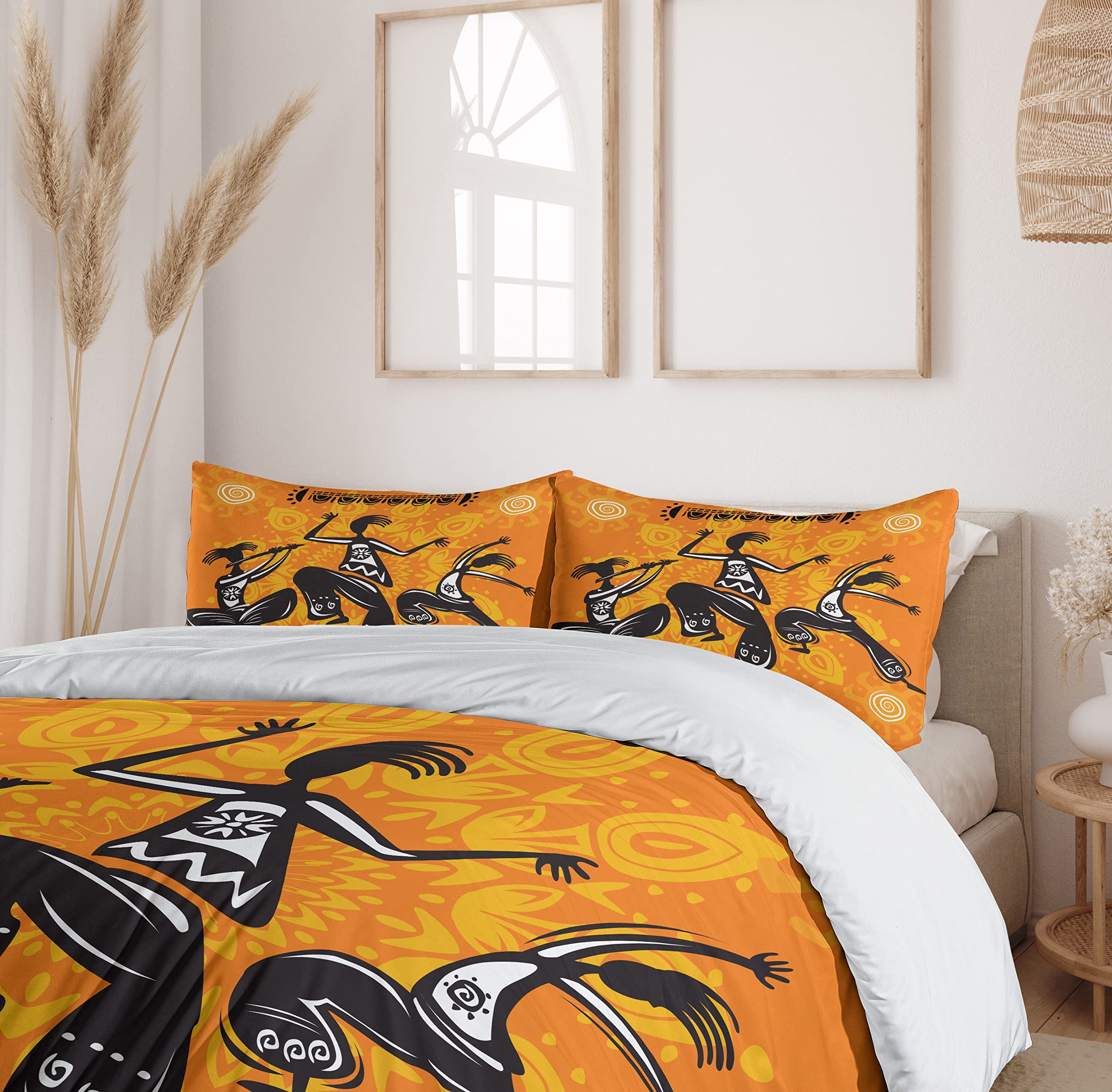 Ambesonne African Duvet Cover Set - Native Dancer with Poly Rhythm Body Articulations Design, 3-Piece King Size Bedding Set with 2 Pillow Shams in Orange & Black | Tribal Home Decor for Bedroom, Boho Chic Style, Unique Gift Idea