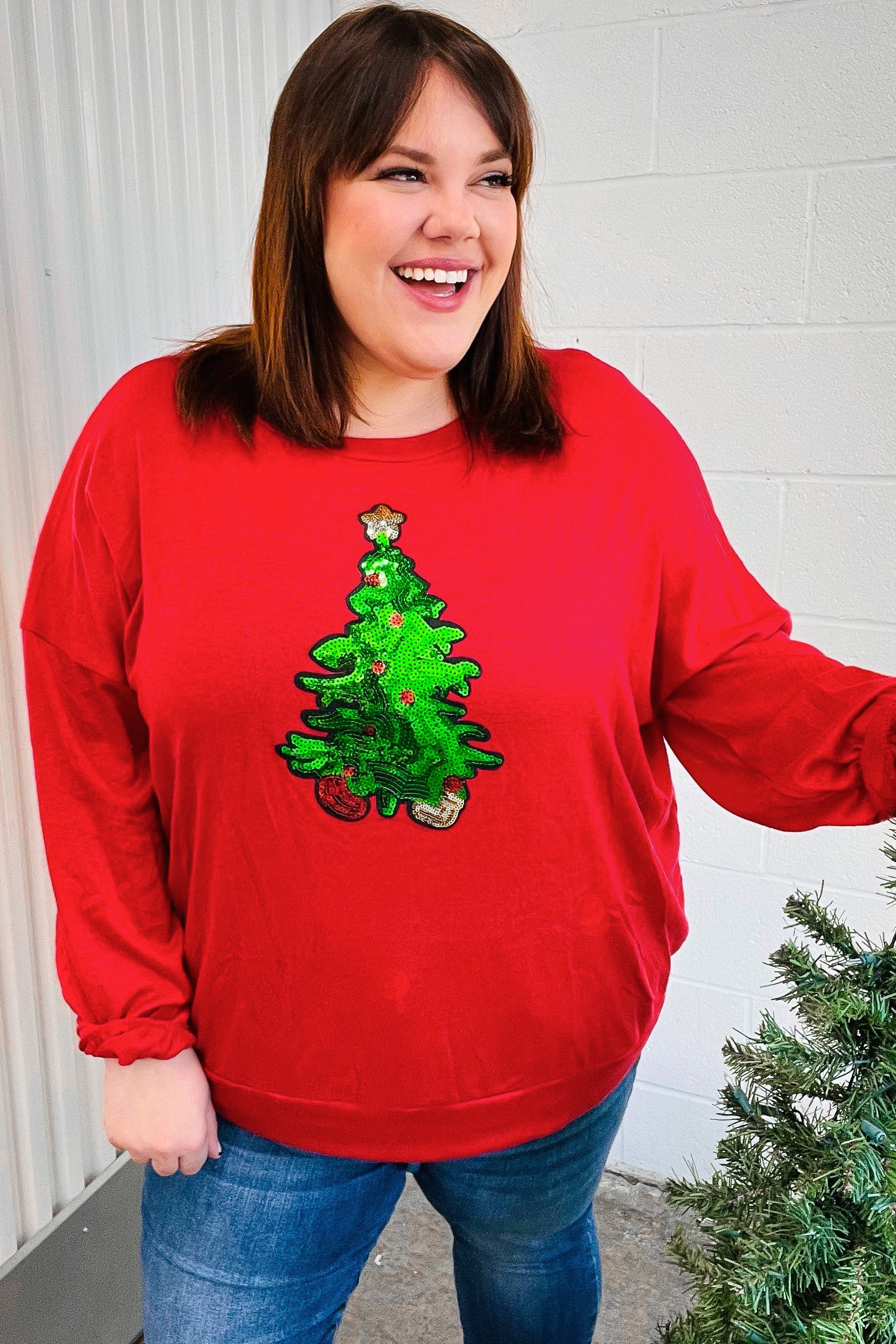 More The Merrier Red Sequin Christmas Tree Hacci Top - Festive Holiday Party Blouse for Women, Christmas Dinner & New Year Celebration Outfit