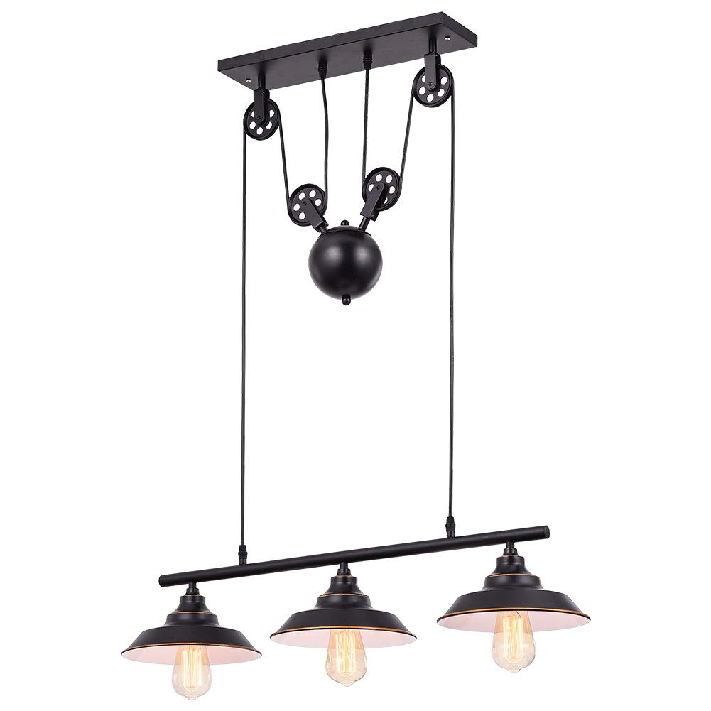 TFCFL 3-Light Adjustable Industrial Pendant Light - Black Farmhouse Chandelier with Pulley System, E26 Base - Perfect for Kitchen Island, Dining Room, Pool Table & Modern Farmhouse Decor