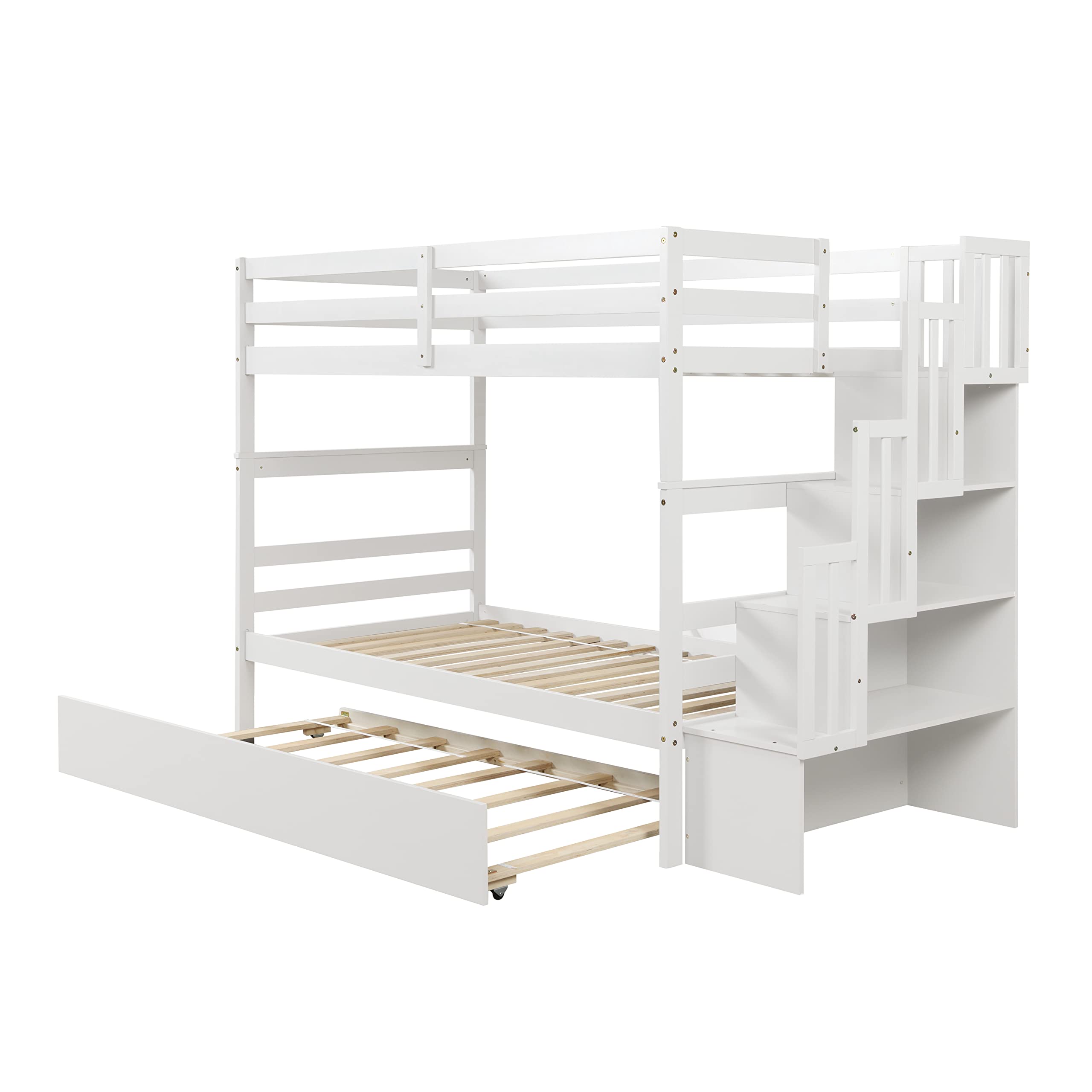 Harper & Bright Designs Twin Over Twin Solid Wood Bunk Bed with Staircase, Trundle & Storage Shelf - No Box Spring Needed - Perfect for Kids, Teens & Adults (White) - Ideal for Small Bedrooms, Guest Rooms & Vacation Homes
