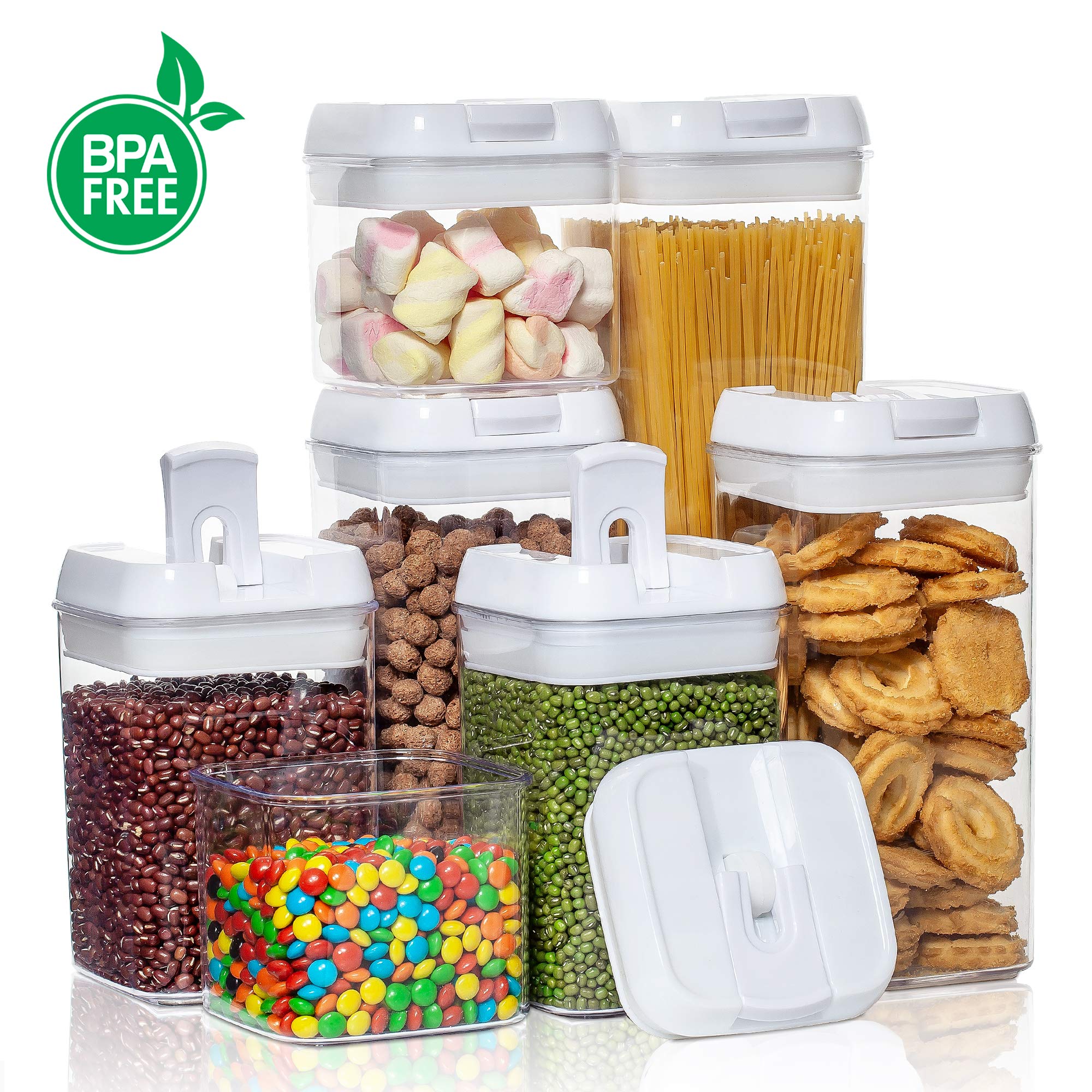 Vtopmart 7-Piece Airtight Food Storage Containers Set - BPA Free Plastic Kitchen Canisters with Locking Lids for Cereal, Flour, Sugar & Dry Goods - Pantry Organization with 24 Labels (White) - Perfect for Meal Prep, Baking Supplies & Bulk Food Storage