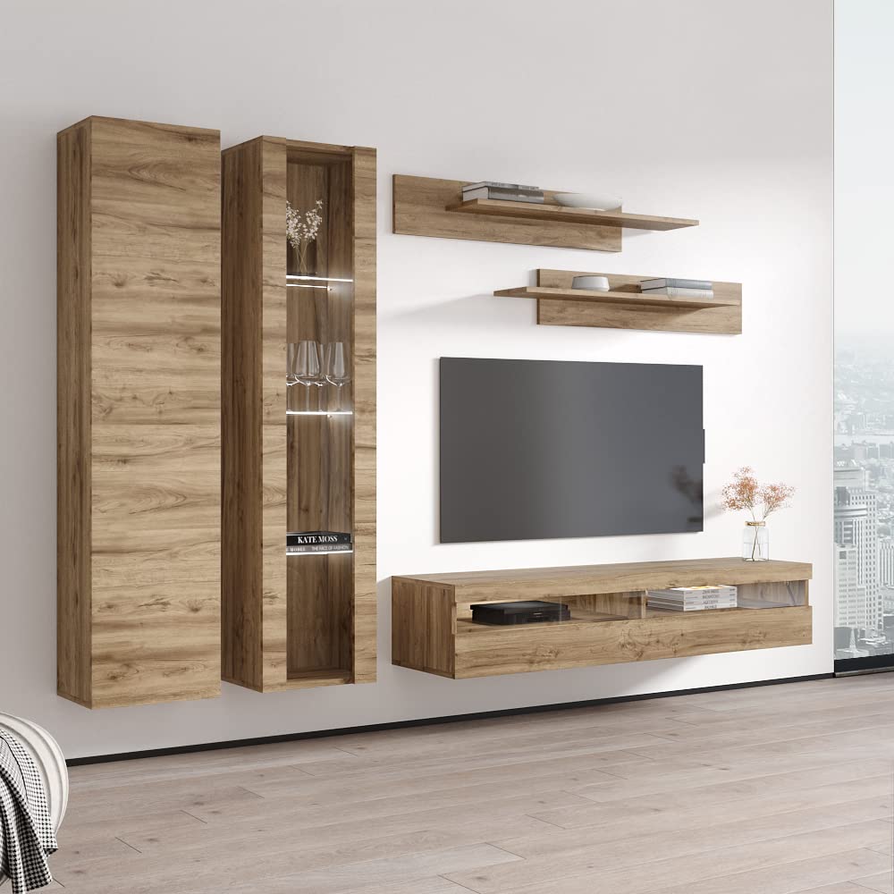 Modern Floating TV Stand with Storage & LED Lights - Wall-Mounted Entertainment Center for Bedroom & Living Room - A4 35TV Console with Shelves in Oak Finish - Perfect for Small Spaces & Home Theater Setup