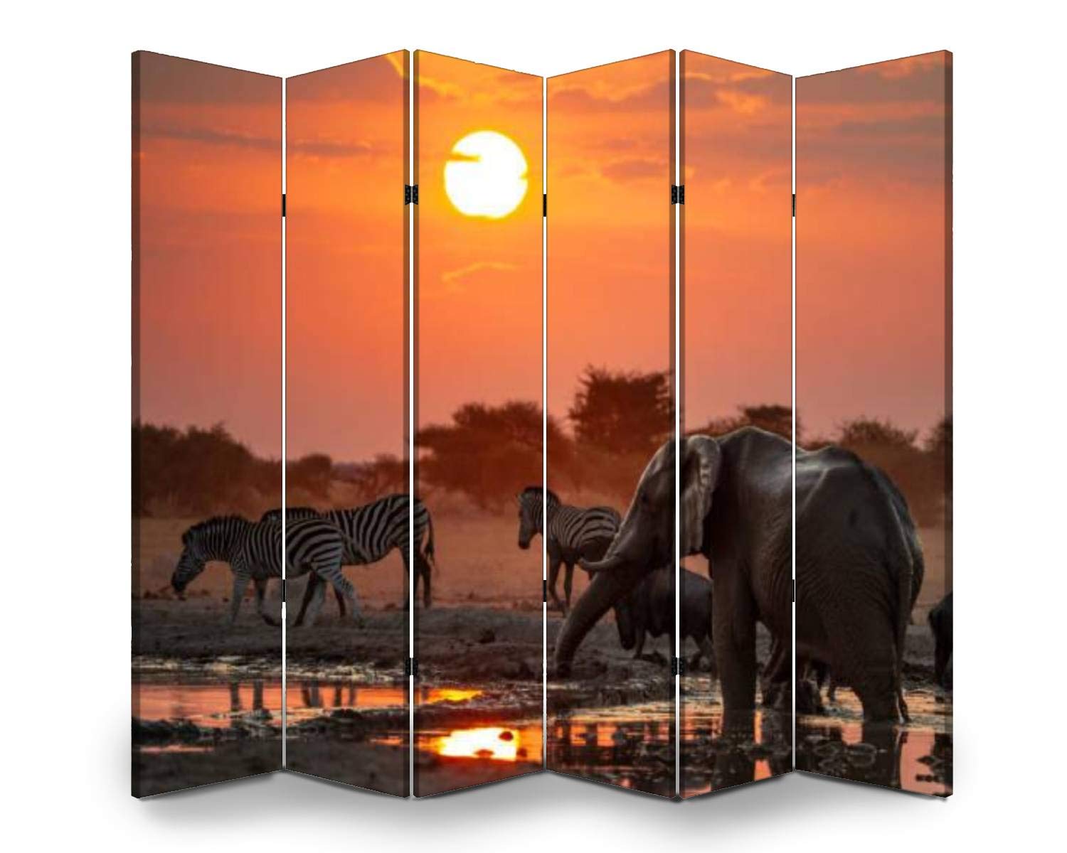 APED DECOR 6-Panel Wooden Room Divider with African Elephant Sunset Waterhole Design - Dual-Sided Folding Privacy Screen, Canvas Partition Panels for Home & Office Decor | Perfect for Living Rooms, Bedrooms, and Studio Spaces