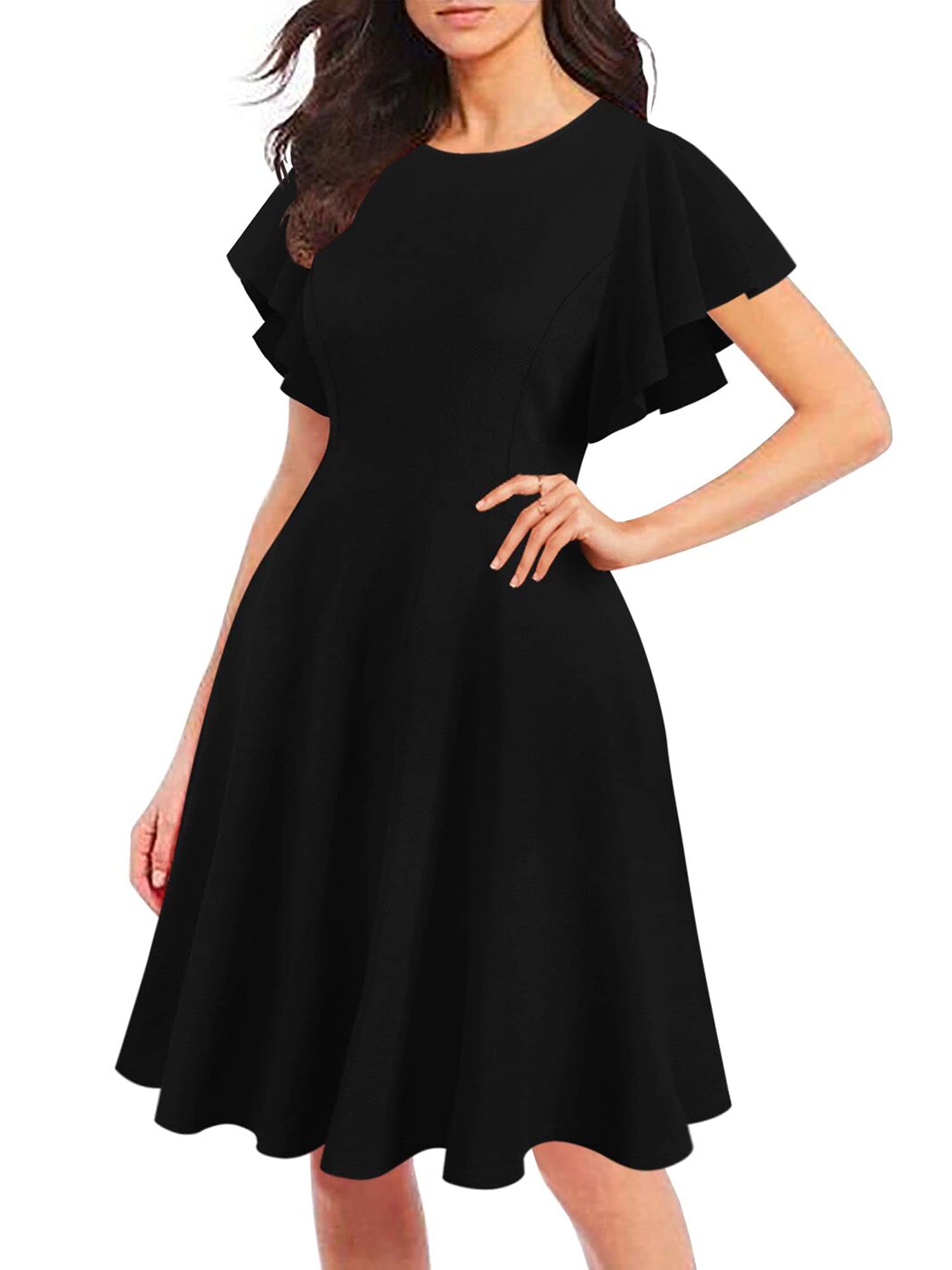 Oxiuly Women's Vintage Flare Sleeve Scoop Neck Church Dress with Pockets - Elegant Casual Party Cocktail Dress for Wedding, Sunday Service & Special Occasions