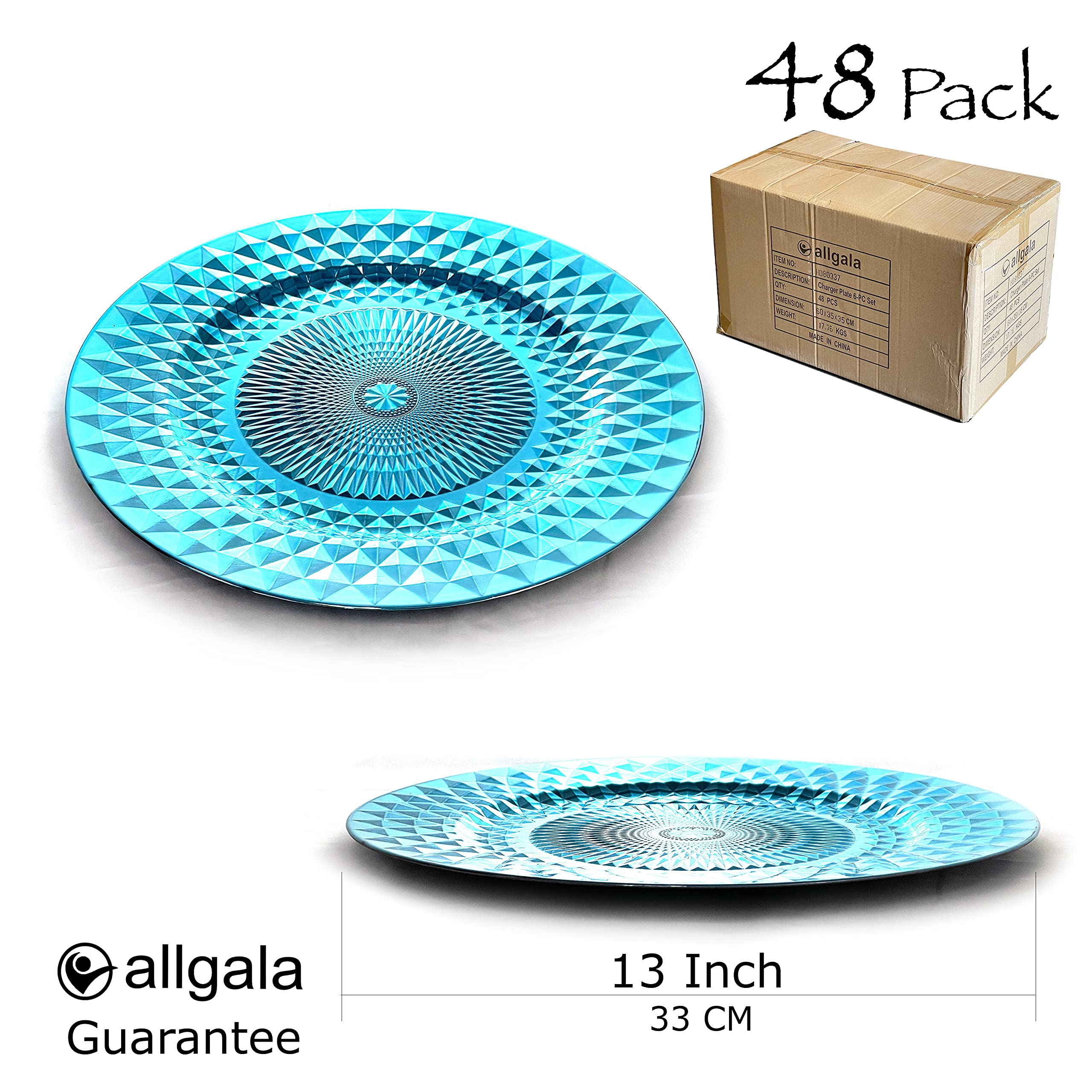 Allgala 13-Inch 48-Pack Heavy Duty Plastic Diamond Pattern Charger Plates - Sparkling Light Blue Wedding Dinner Plates (HD80410) - Perfect for Weddings, Banquets, and Formal Events