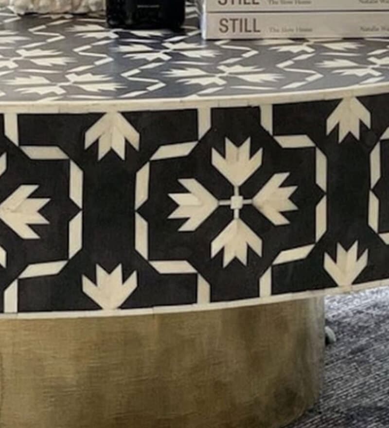 Handmade Bone Inlay Round Coffee Table with Brass Base - Black Boho Style Living Room Furniture | Perfect for Living Rooms, Lounge Areas & Conversation Spaces