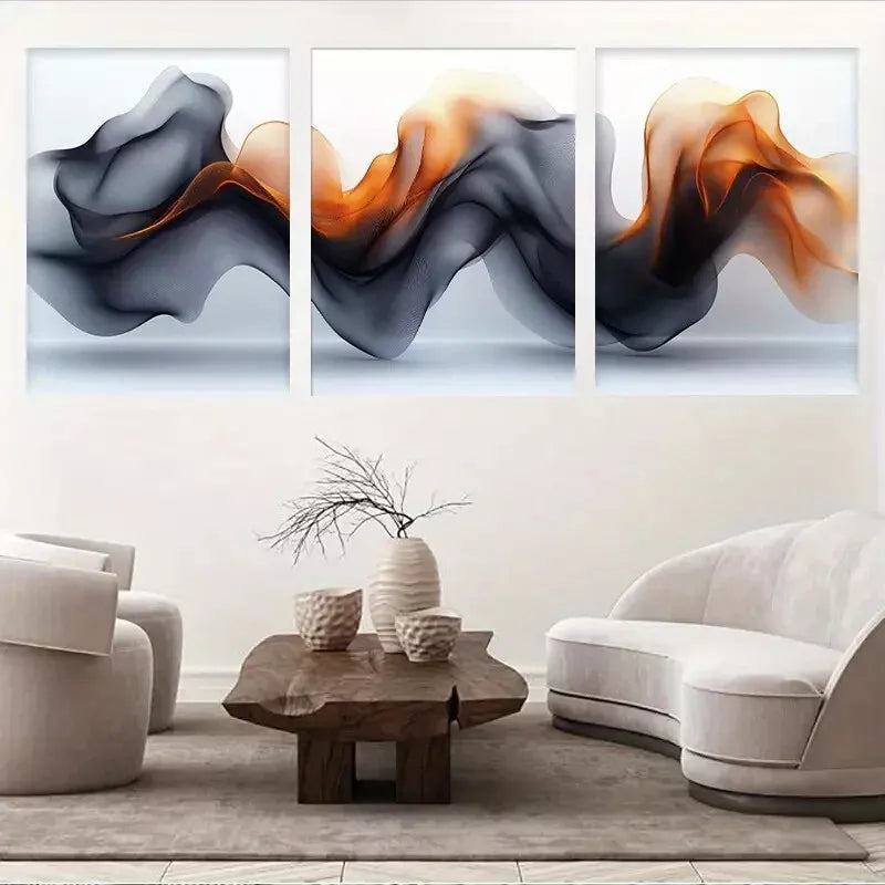 3-Piece Black, Orange & Gray Swirling Fluid Abstract Wall Art Set - 50x70cm Framed Canvas Prints - High Quality Australian Made Ready-to-Hang Decor for Living Room, Bedroom & Office