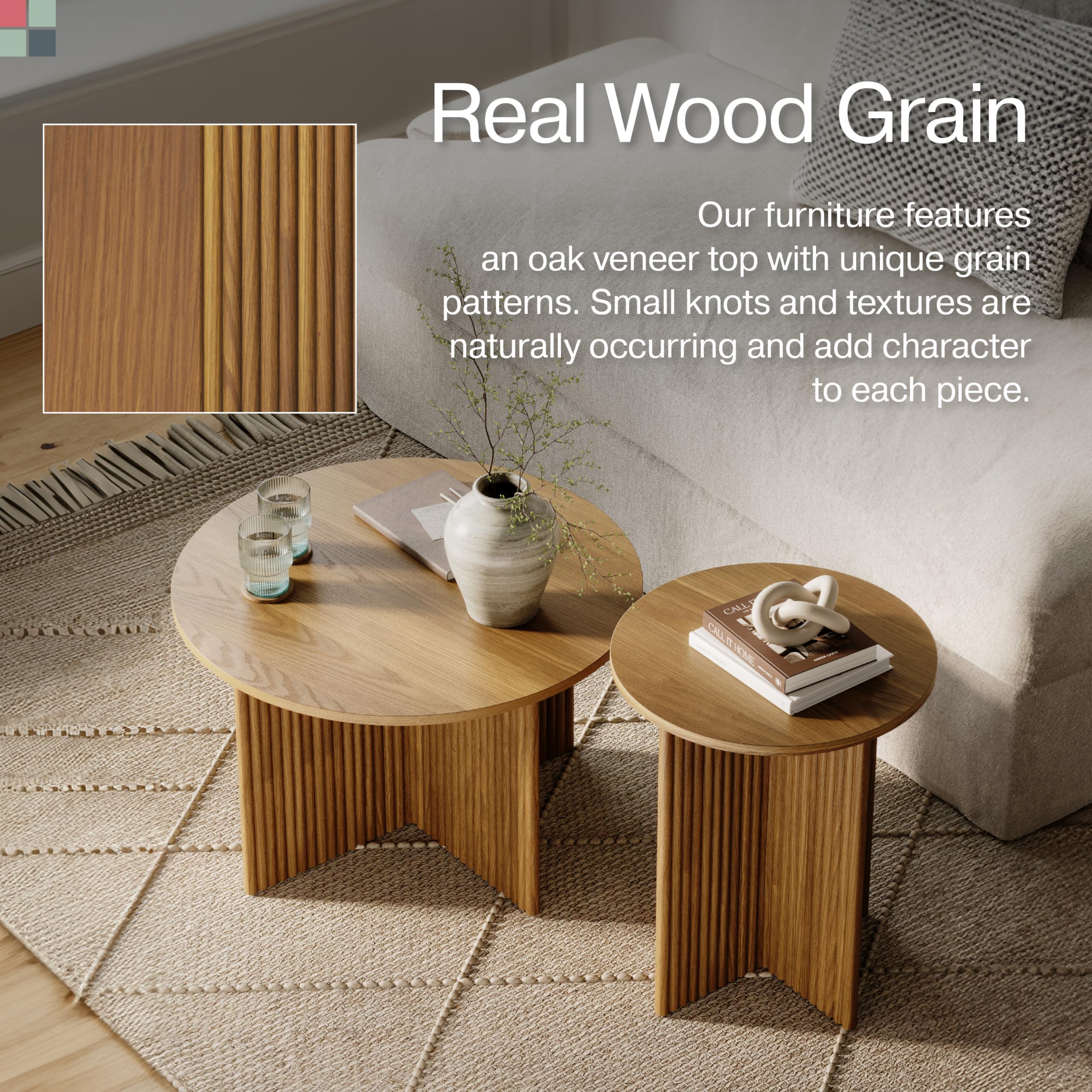 Modern Round Fluted Nesting Coffee Table Set of 2 - Solid Wood Base with Wood Grain Veneer Top in Medium Oak - Stylish Living Room Furniture for Small Spaces - Perfect for Coffee, Books, and Living Room Decor