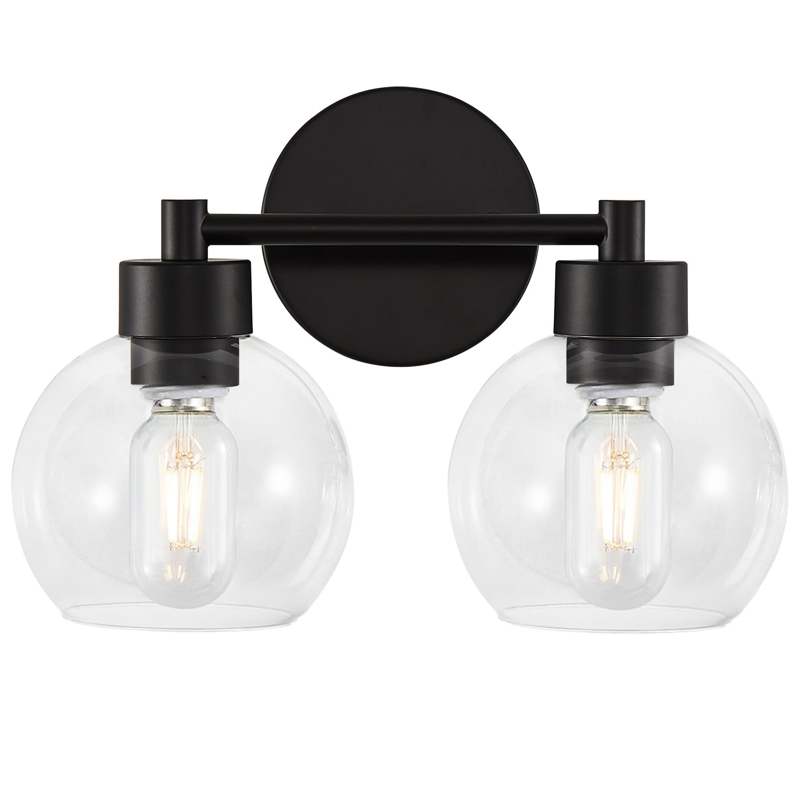 Modern Black Bathroom Light Fixture - 2-Light Vanity Sconce with Clear Glass Shades for Mirror, Bedroom, Living Room & Kitchen - Perfect for Bathroom Makeover, Modern Home Decor & Ambient Lighting