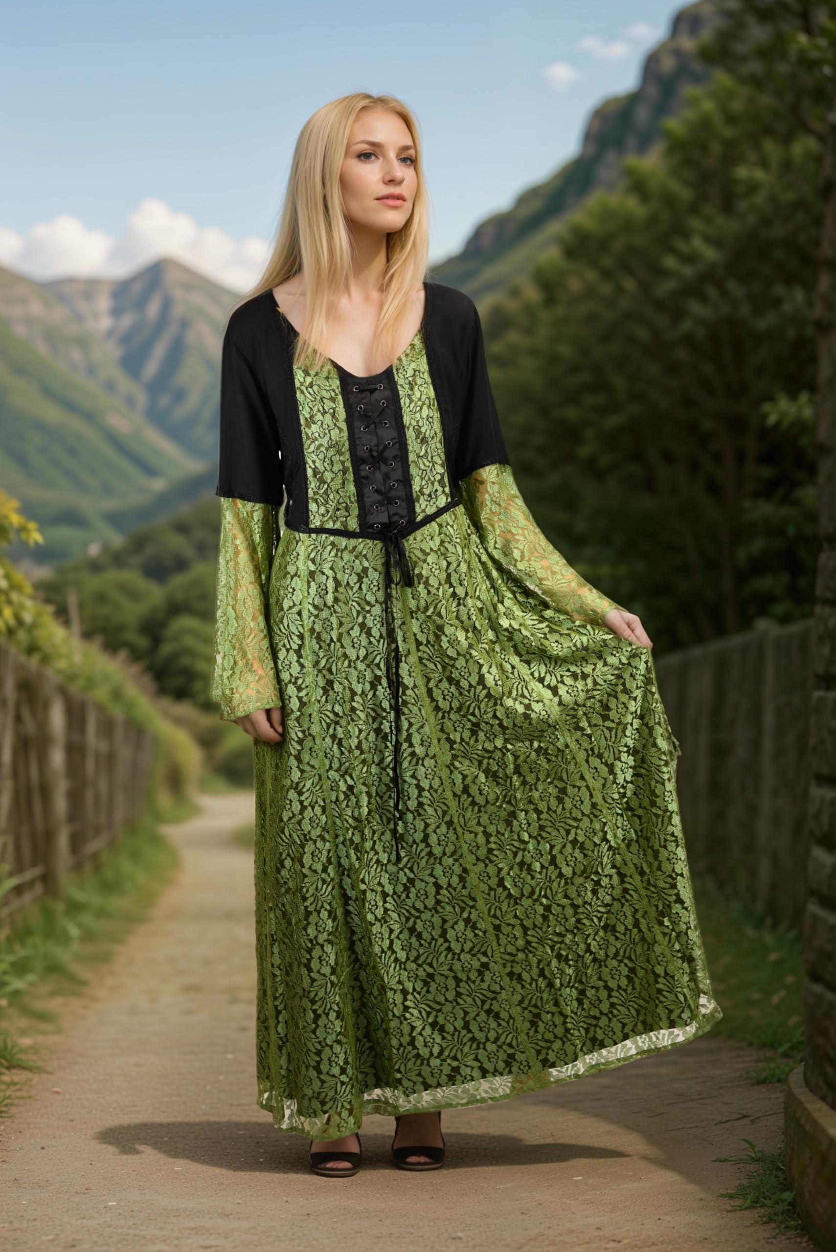 Agan Traders Women's 2025 Spring Bohemian Renaissance Evening Dress - Elegant Long Sleeve Corset Lace Gown for Weddings, Parties & Renaissance Fairs