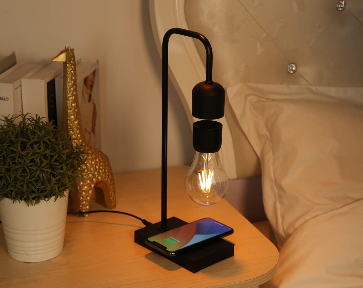 Magnetic Levitating Lamp with LED Light Bulb - Wireless Charger & Auto Control - Floating Desk Decor for Home Office, Bedroom, and Gift Ideas